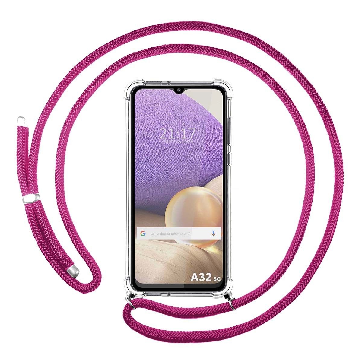 Tumundosmartphone Funda Colgante Transparente para Samsung Galaxy A32 4G con Cordon Rosa Fucsia