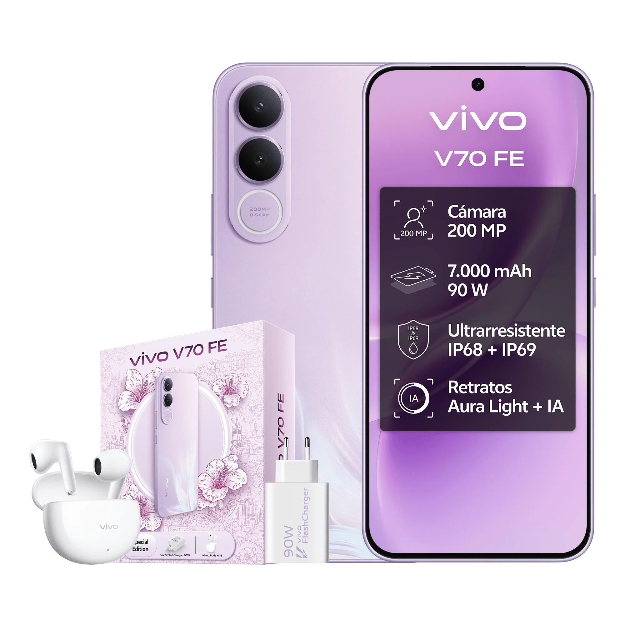 Teléfono – vivo V70 FE 5G Bundle, 8GB+256GB, Cámara de 200MP con OIS, Batería 7000mAh y Carga 90W, Pantalla 1.5K AMOLED 120Hz, IP68/IP69, eSIM, 5 años de actualizaciones, Incluye:: Auriculares Buds Air3 + Cargador 90W