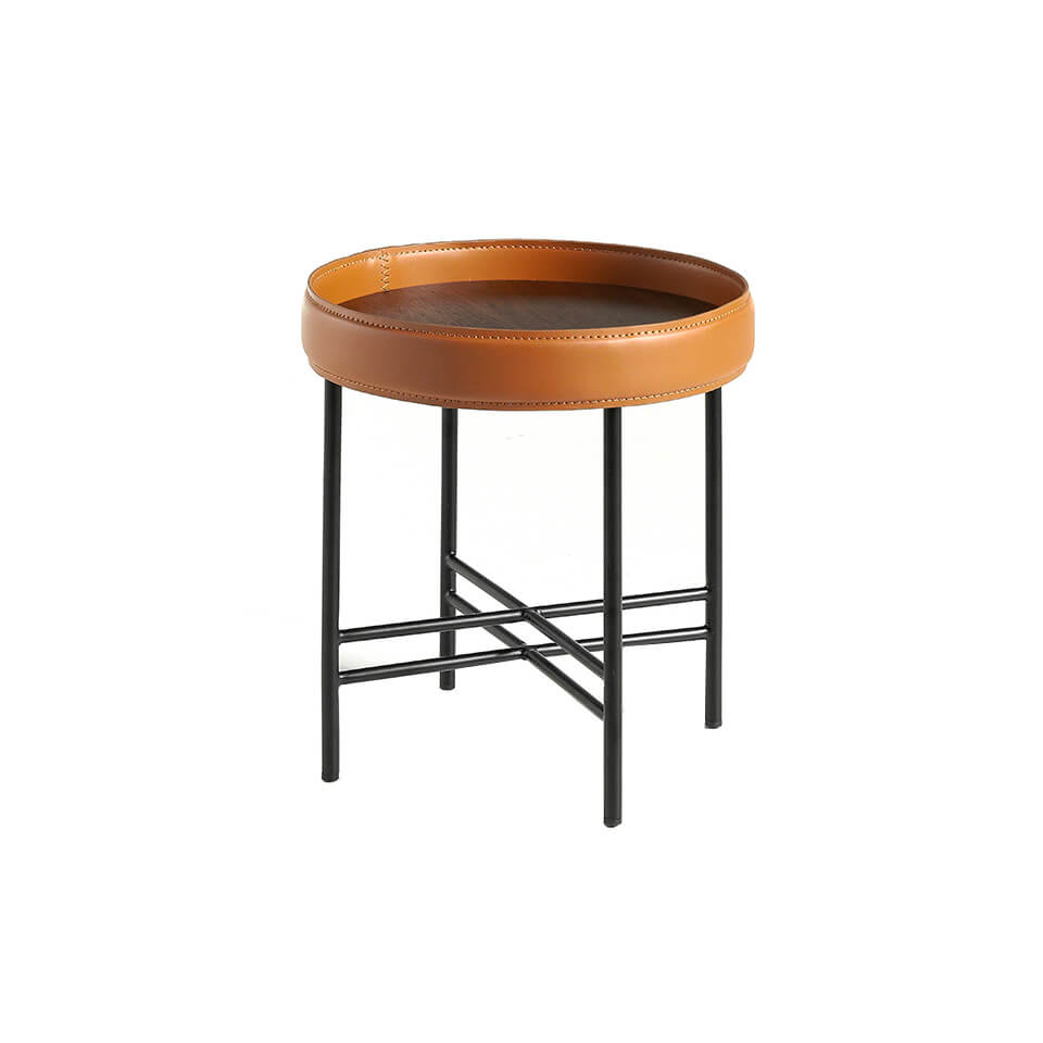 ANGEL CERDÁ 2059C Mesa rincón piel vacuno coñac , Negro  Nogal  Cognac , Acero Negro , Ø42 x 45 cm