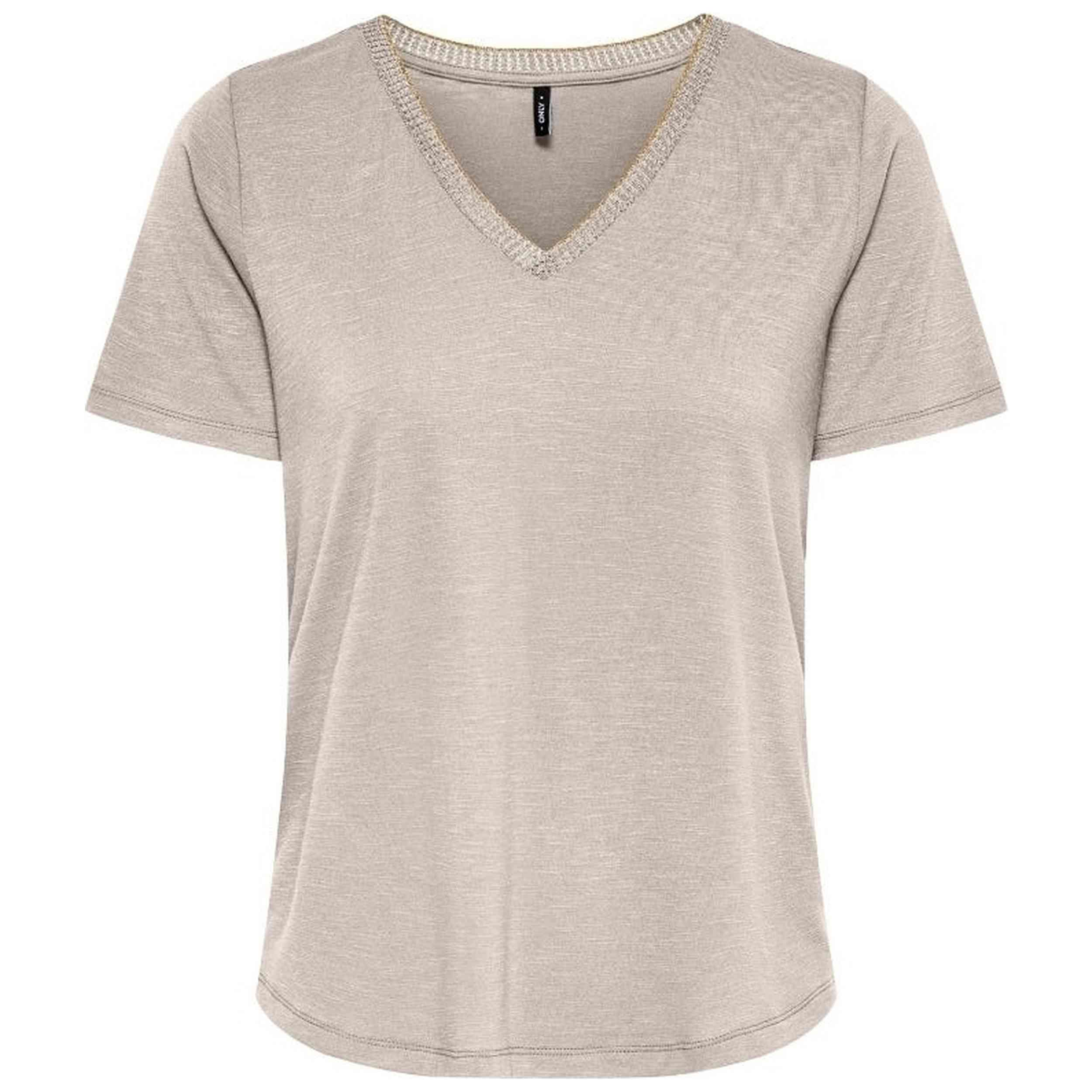 Camiseta Only modelo Onldemi S/S V Neck Glitter Top Jrs en color Beig