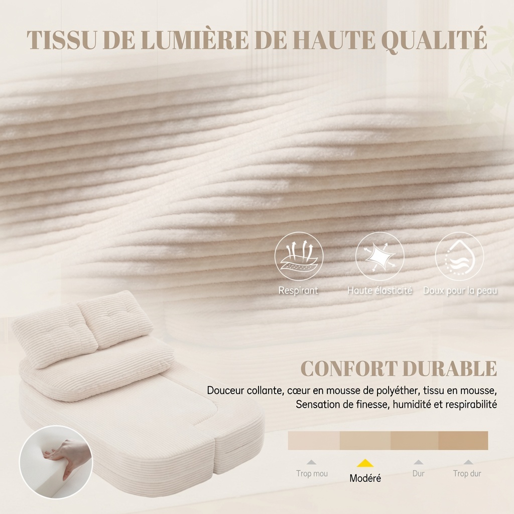 Fauteuil convertible 2 en 1 beige en velours côtelé avec accoudoirs réglables, porte-gobelets et assise profonde