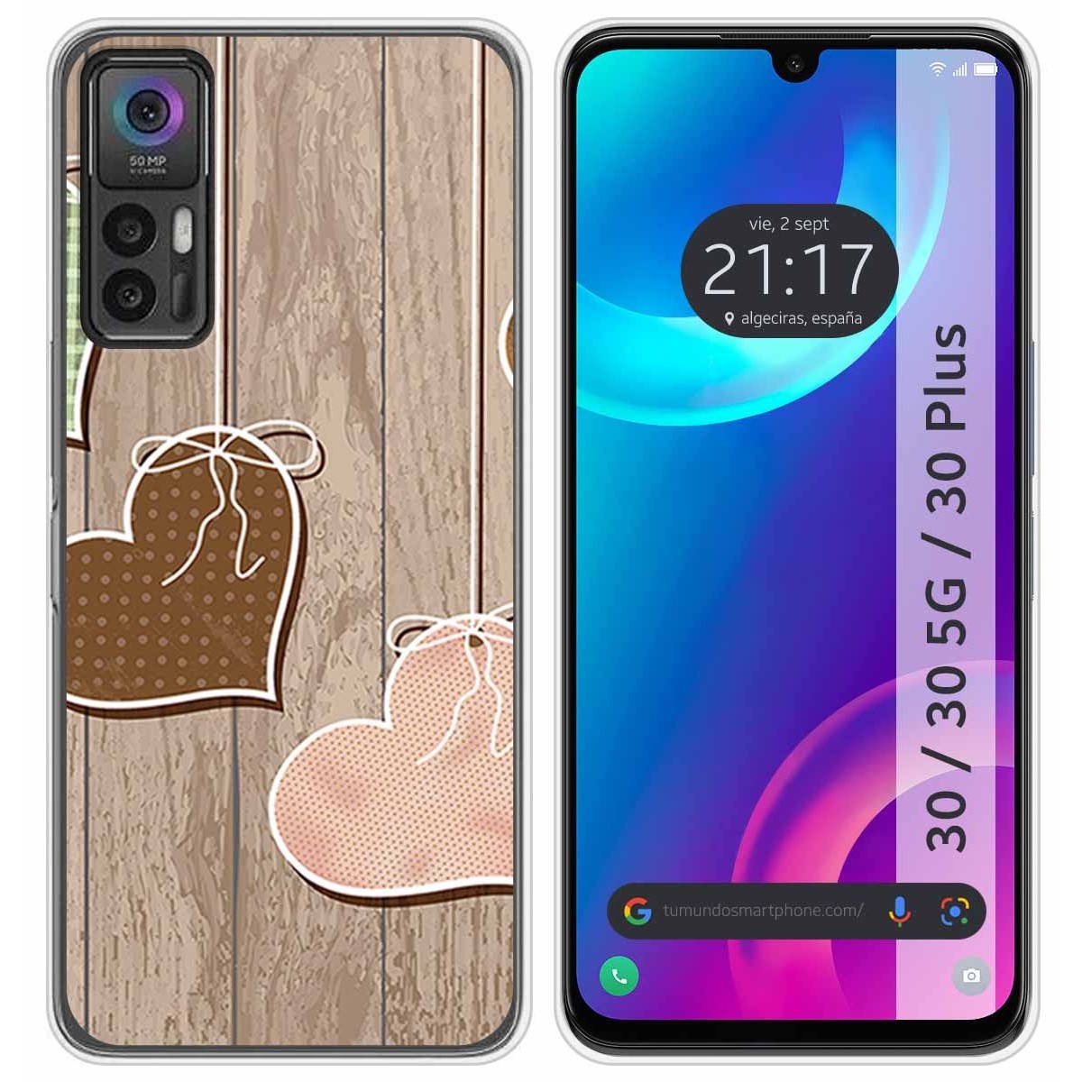 Funda Silicona para TCL 30 / 30 5G / 30 Plus diseño Corazones Madera Dibujos