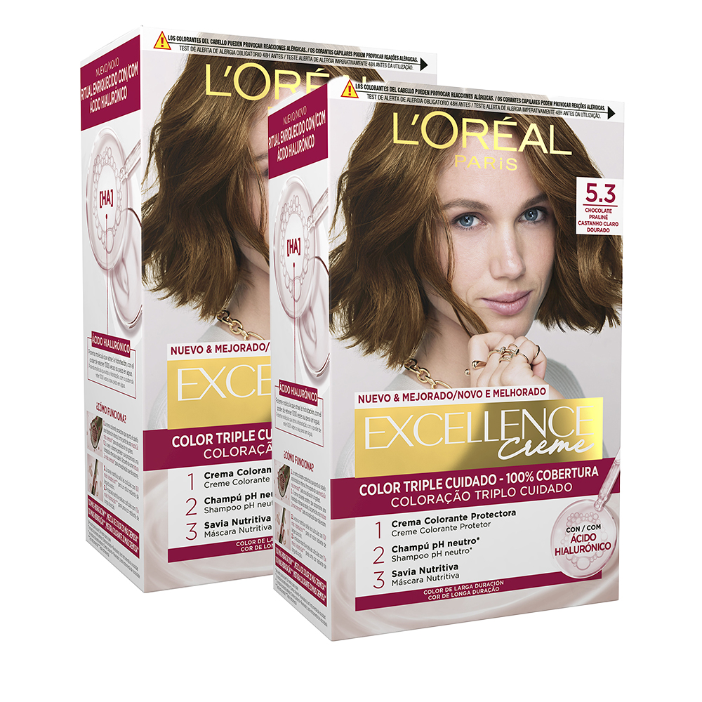 LOréal Paris | Excellence Creme Tinte Permanente_ enriquecido con ácido hialuronico. Triple cuidado antes_ durante y despues de la coloración con un 100% de cobertura de canas.