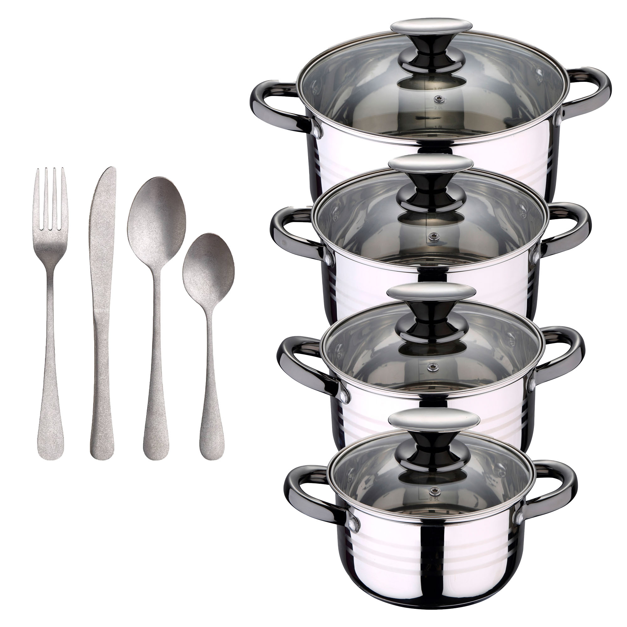 Bateria 8pc acero inoxidable apta para inducción Colección San Ignacio Premium +  Delantal de Cocina Gris oscuro 100% Algodón 75x80cm