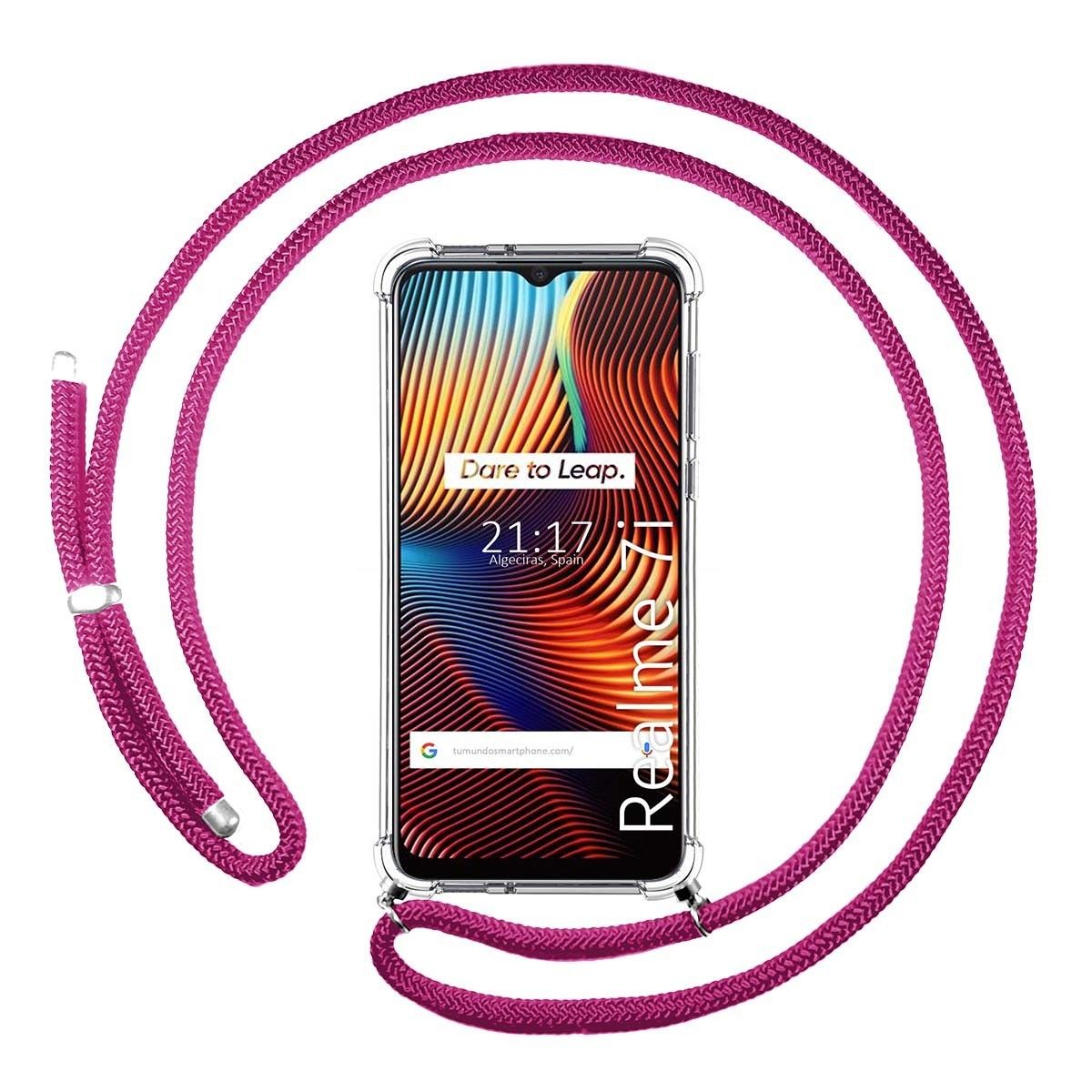 Tumundosmartphone Funda Colgante Transparente para Realme 7i / Narzo 30A con Cordon Rosa Fucsia