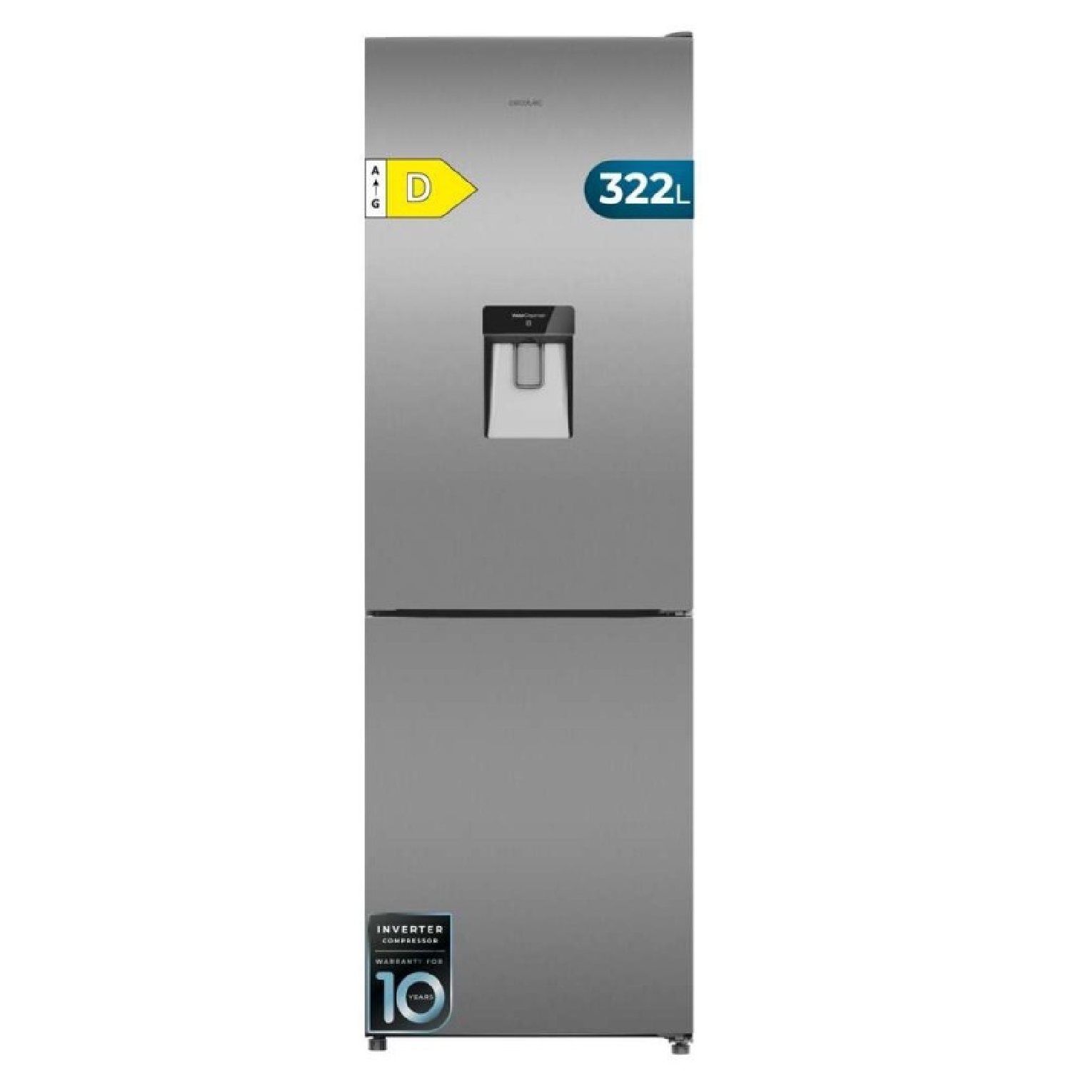 Cecotec Frigorífico Combi Con Dispensador de Agua 322L Bolero CoolMarket Combi 322i WD Inox D. 185,5cm de Alto, 59,5cm de Ancho