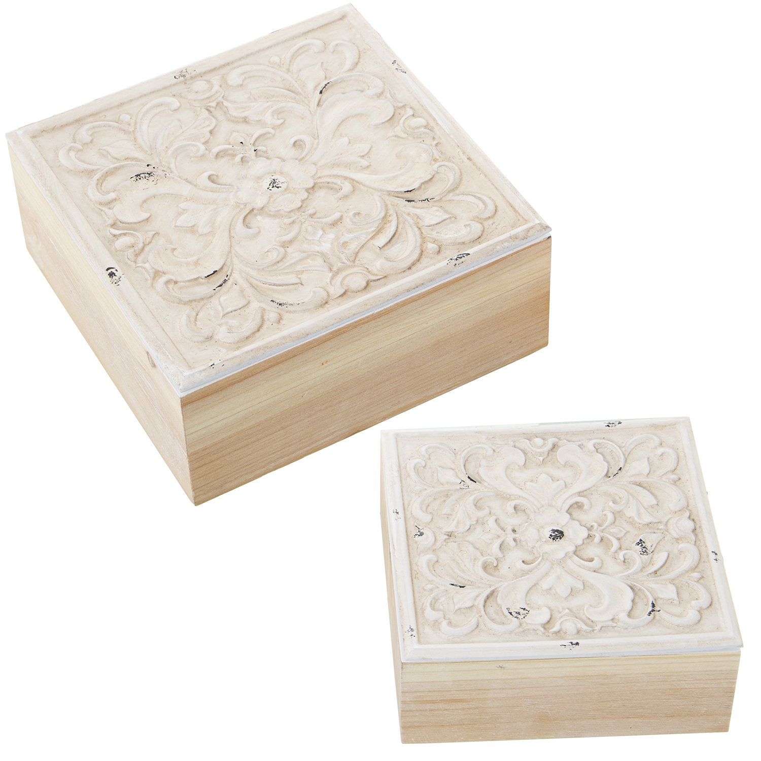 Set 2 cajas madera caladas 20x20x8, 5 y 16x16x6, 5cm