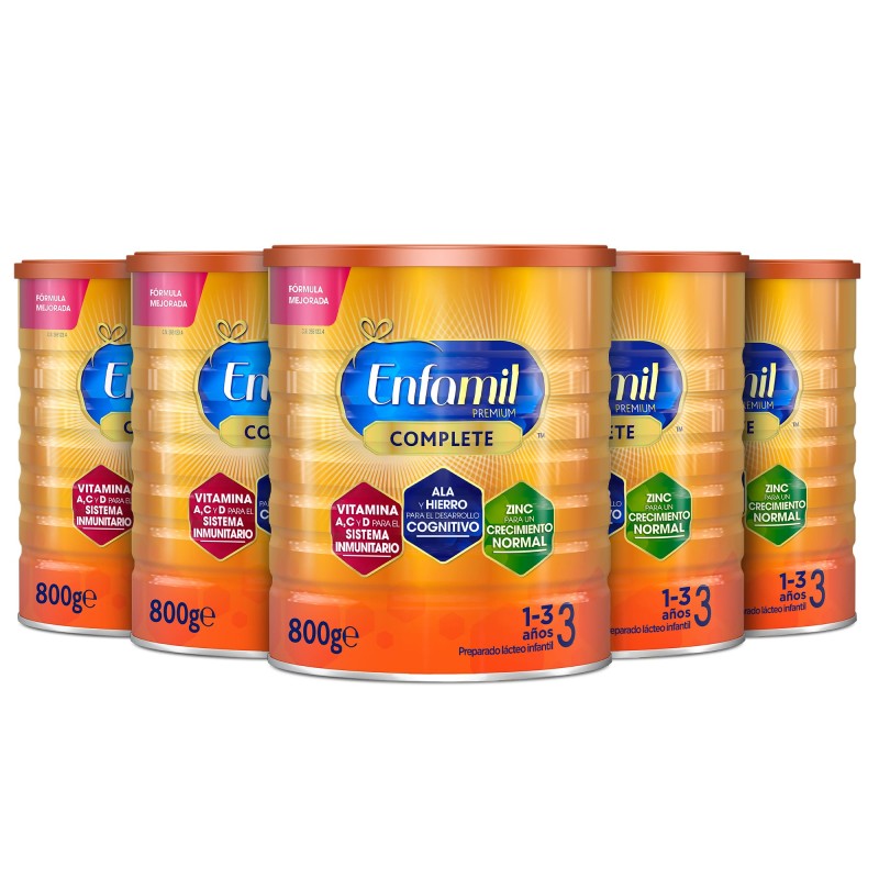 Pack x5 Enfamil Complete 3_ Leche Infantil de Continuación de 1 a 3 años_ 800 gr - Pack de 5 Latas