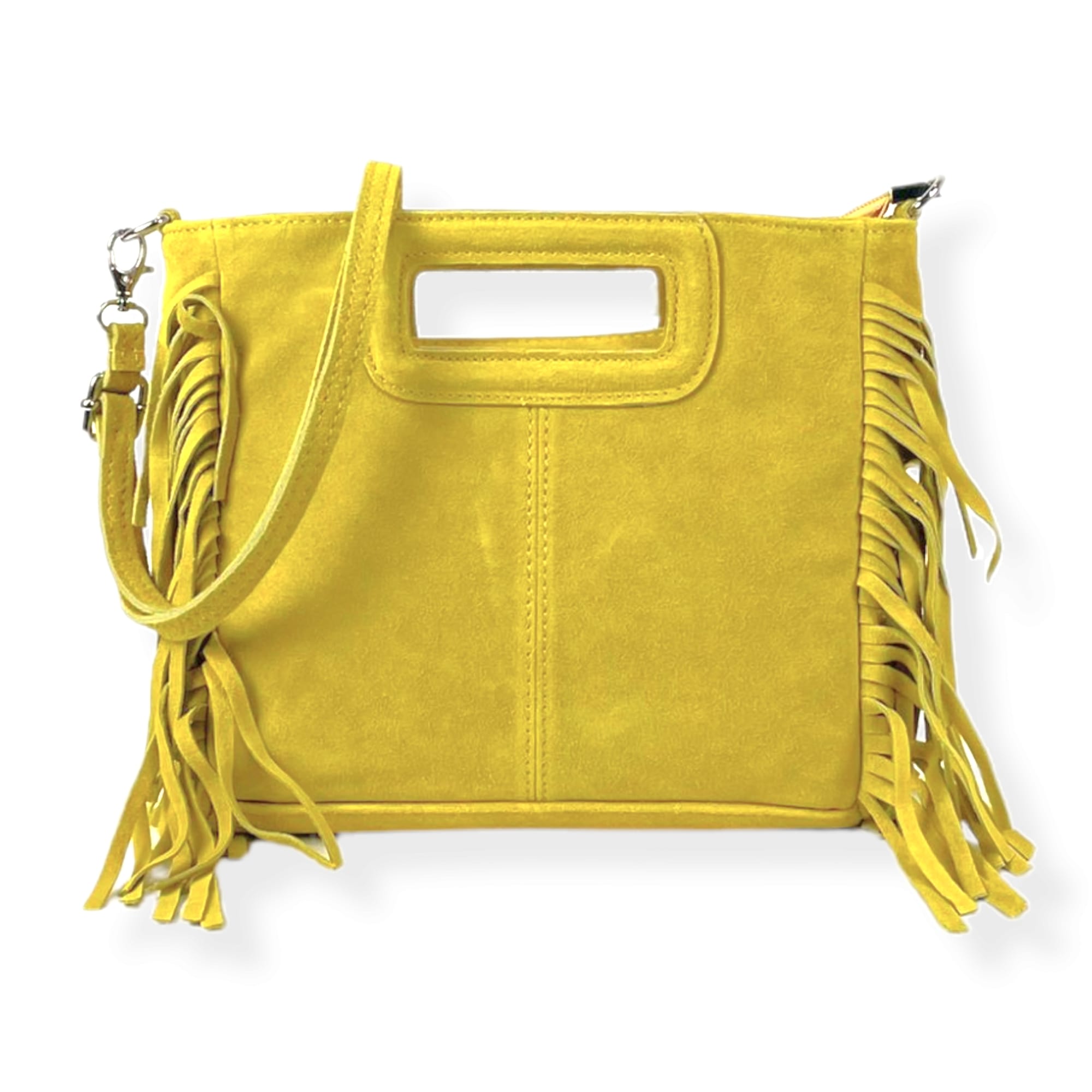 énvo - Bolso de Mano y Bandolera Pequeño con Flecos de Ante Italiano, Piel Serraje con Flecos Laterales, Similar a Marca Famosa, Moda Primavera
