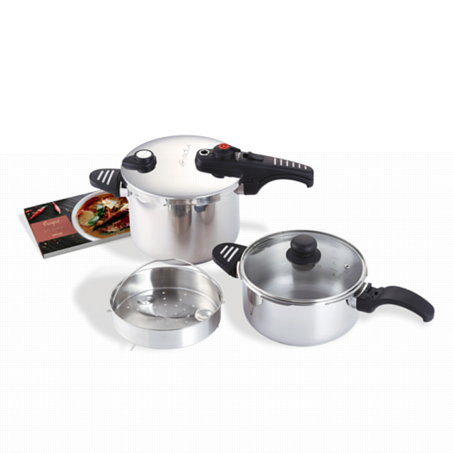 G-SOLA Olla a Presión Acero Inoxidable 18/10 [2.5L, 4L, 6L, 8L] – Doble Nivel de Cocción Rápida/Súper Rápida, Triple Seguridad, Apta para Inducción y Lavavajillas + Recetario David de Jorge