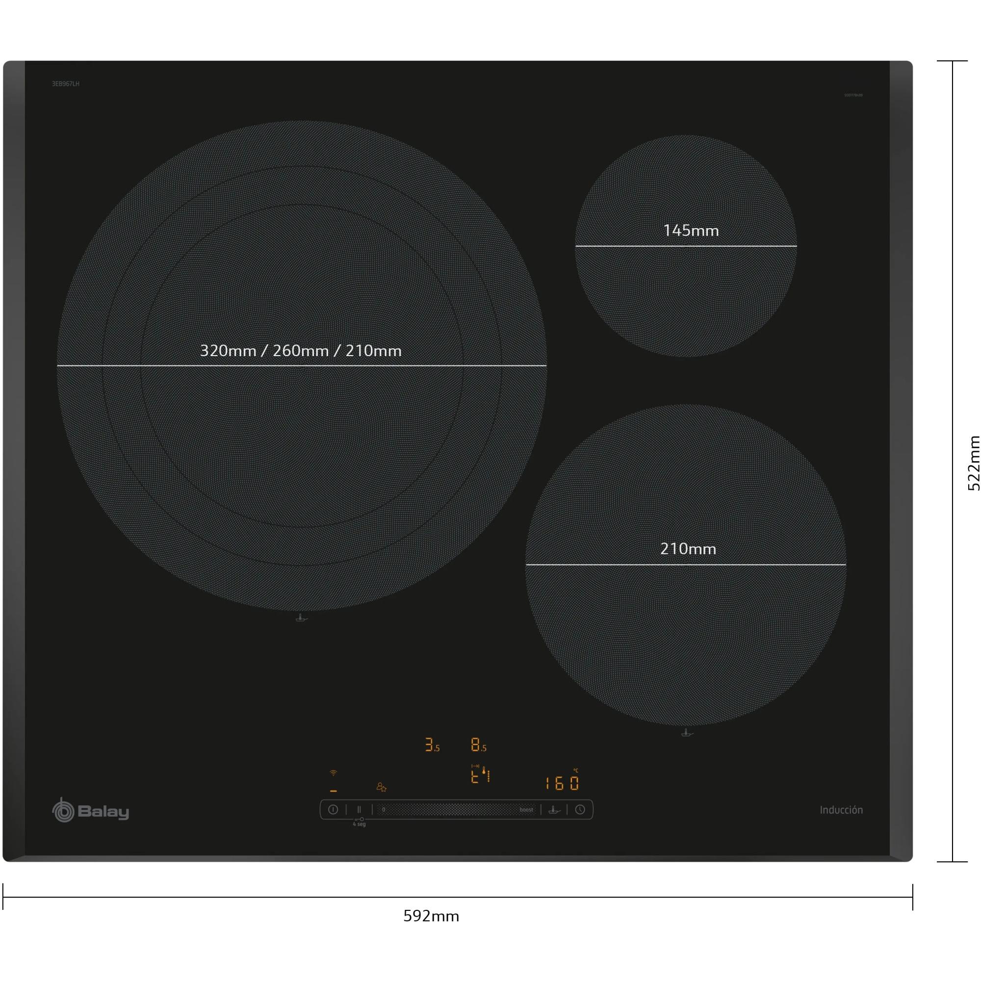Placa de Inducción 60cm BALAY 3EB967LH  | 3 Zonas, Fuego 32cm, 7400W, Negro, con Control de temperatura, Home Connect, Control Deslizante
