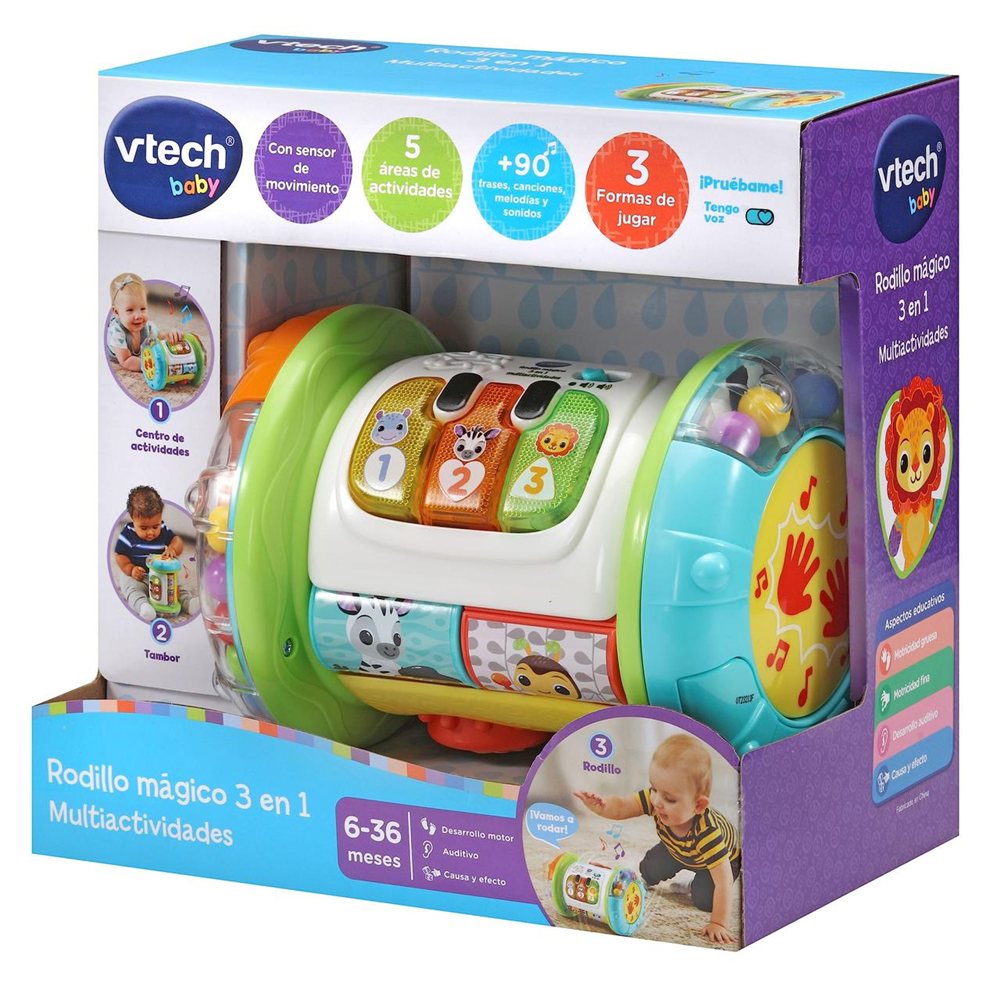 Rodillo mágico 3 en 1 Multiactividades con 3 botones led de colores luces sonidos. 25x15x24,1cm (Vtech 80-562622)