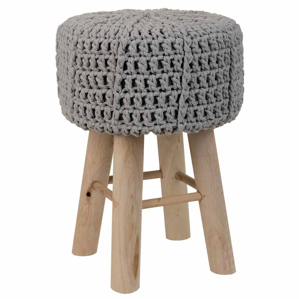 Taburete De Madera Y Algodón Trenzado Gris, El mejor complemento para tu hogar