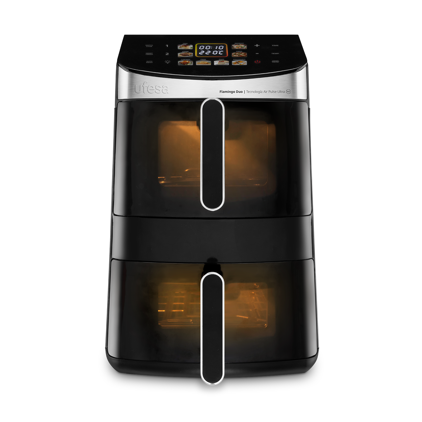 Ufesa - Freidora de aire Flamingo Duo 11L con tecnología Air Pulse 360°, 2500 W y sistema DualZone Heat para cocinar dos platos a la vez, capacidad 11,5 L (6 L + 5,5 L), pantalla táctil digital y 8 programas preestablecidos