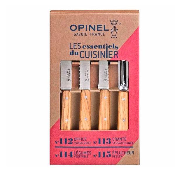 Conjunto de Cuchillos y Pelador Opinel Essentiels - 4 Piezas con Hojas de Acero Inoxidable y Mangos de Madera, Ideal para Cortar y Pelar Verduras, Frutas y Carnes