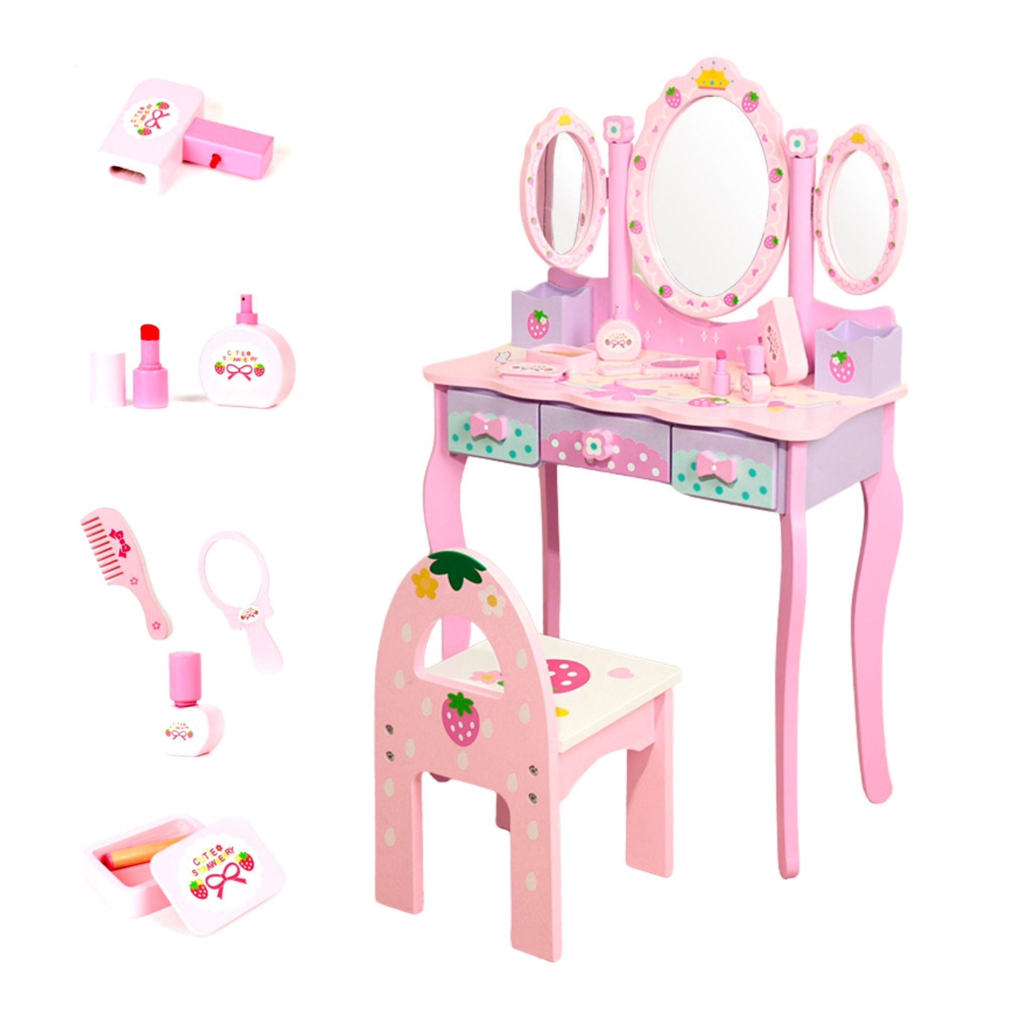 MAGIC SELECT Tocador Infantil de Madera con Taburete y Cajones. Mesa de Maquillaje para Niñas con Accesorios y Espejo Plegable. Juego de Tocador de Maquillaje y Silla para Niña +3 Años, para Regalo de Cumpleaños.