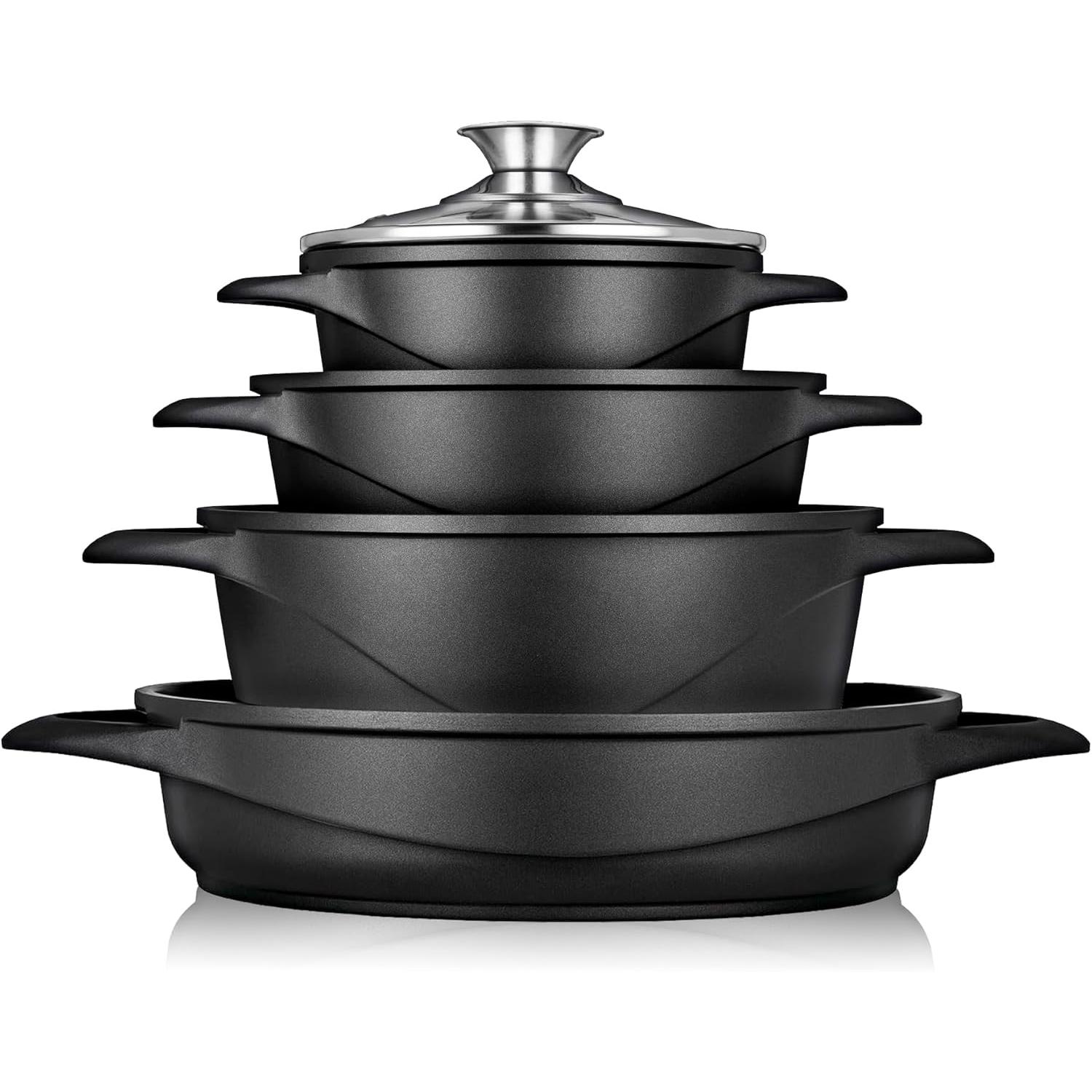 Briebe MGK-17 Batería de Cocina Inducción 8 Piezas Aluminio Fundido 4 Ollas con Tapa de Cristal Antiadherente, , Negro