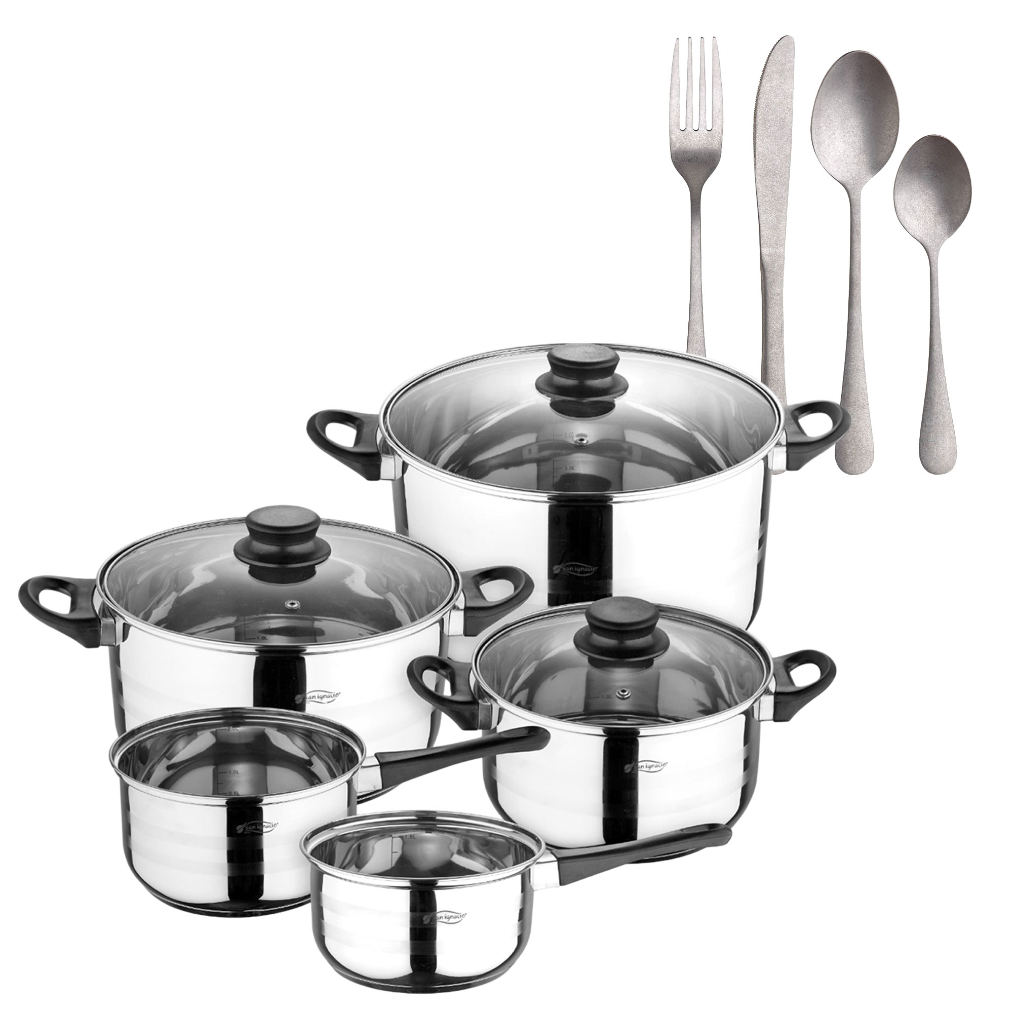 Batería de cocina de ocho piezas San Ignacio+  Delantal de Cocina Gris oscuro 100% Algodón 75x80cm de talla única SMART MasterPRO