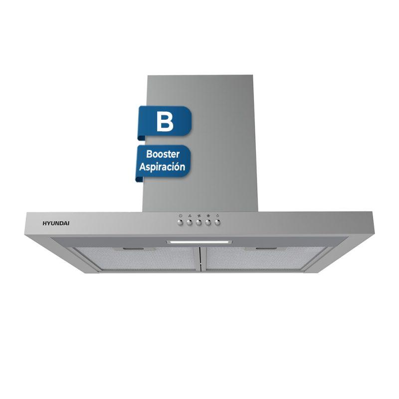 Campana Decorativa T Invertida Hyundai HCPT600BX 60cm 340m³/h Clase B Inox  | Booster, Luz LED, 68dB, Niveles Extracción 3