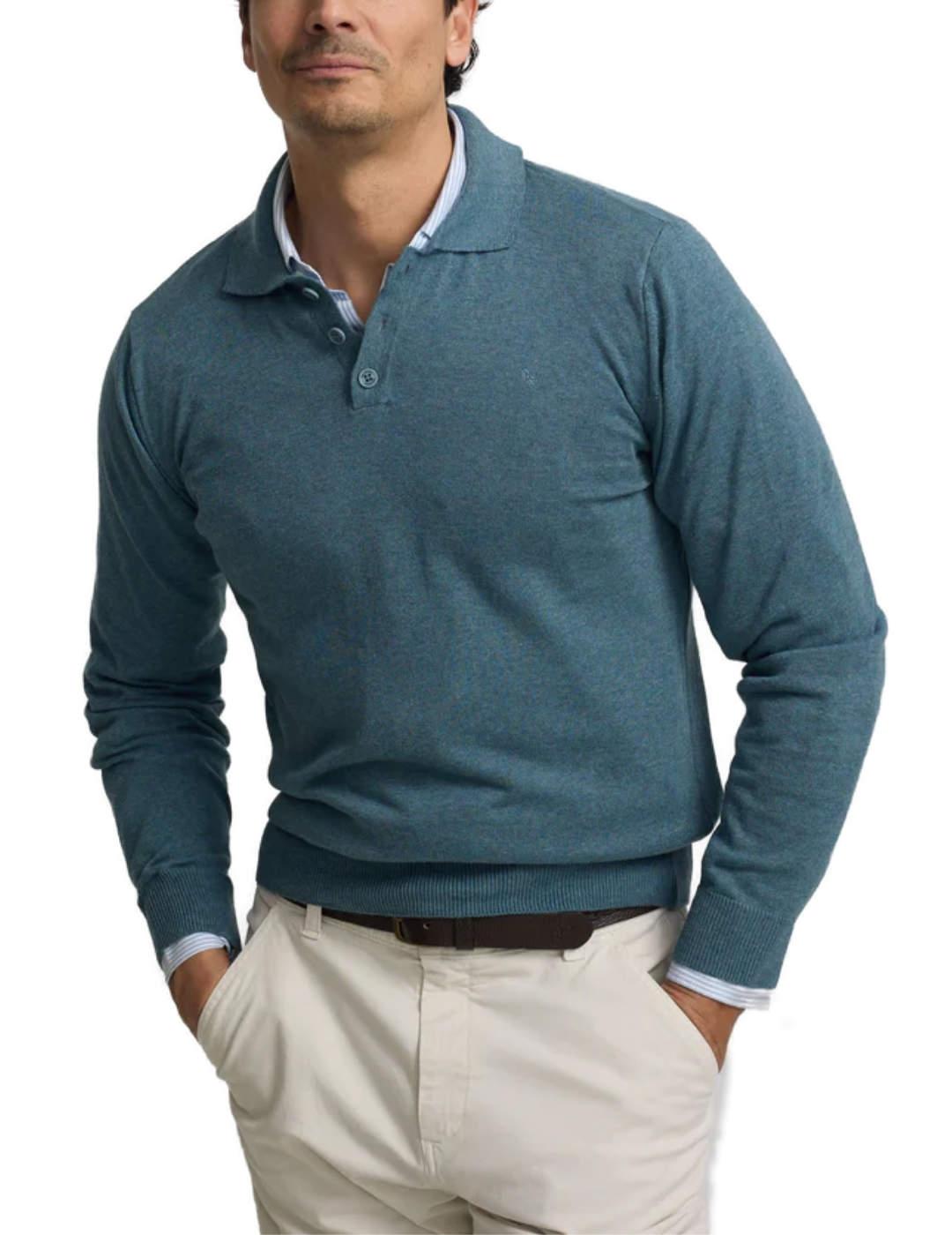 Jersey Silbon cuello polo azul petróleo botones para hombre