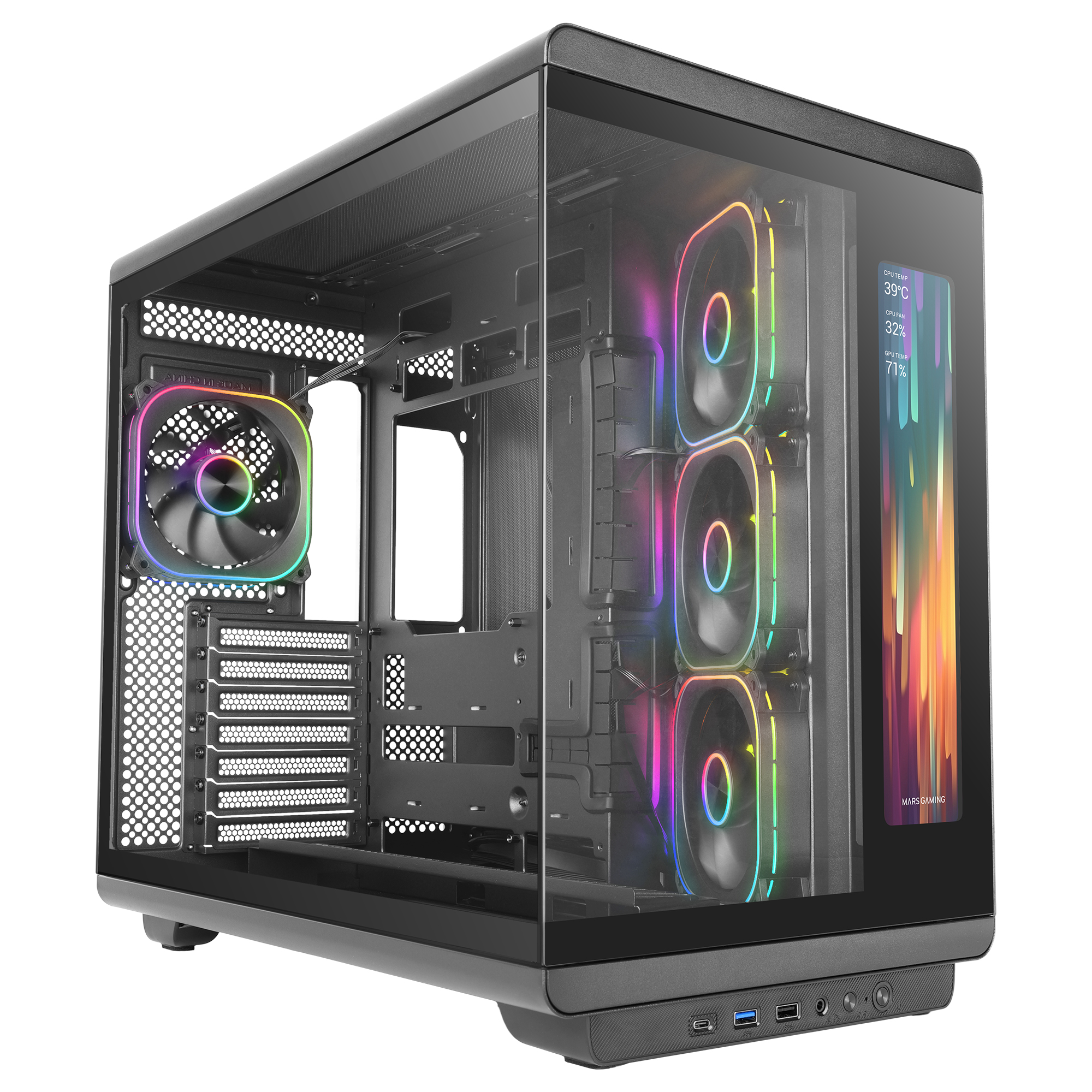 Mars Gaming MC-REVMAX, Caja PC ATX, Pantalla IPS 11.8", Cristal Templado Continuo, 4 Ventiladores PWM ARGB, Refrigeración Líquida hasta 360mm, Compatible Placas Base de Conector Inverso, USB-C, Semitorre PC Negra o Blanca