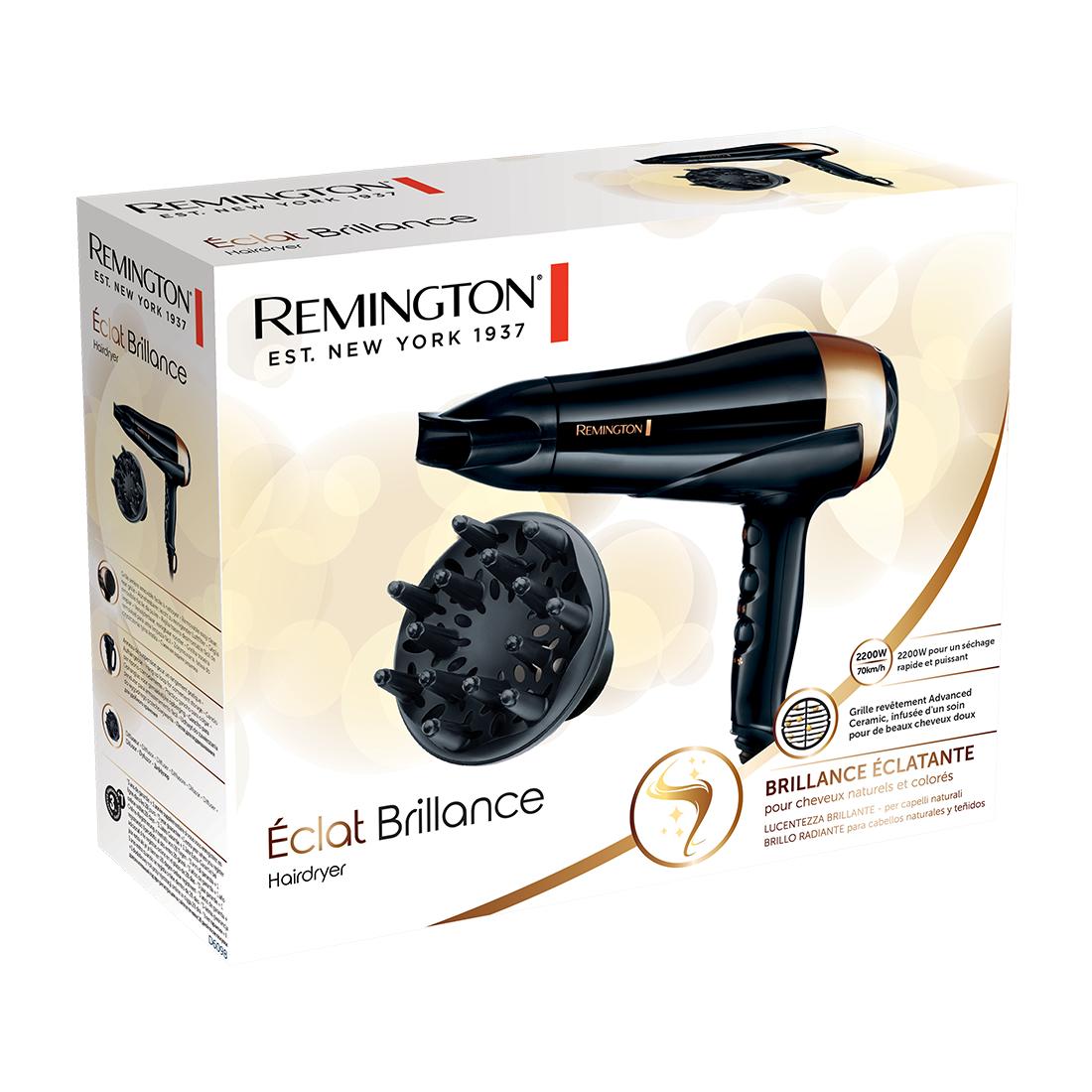 Remington Secador de pelo iónico [cuidado brillo y suavidad, cabello natural y colorido] brillo (potente 2200 W, antifrizz, 3 temperaturas/2 velocidades, 2 accesorios) D6098