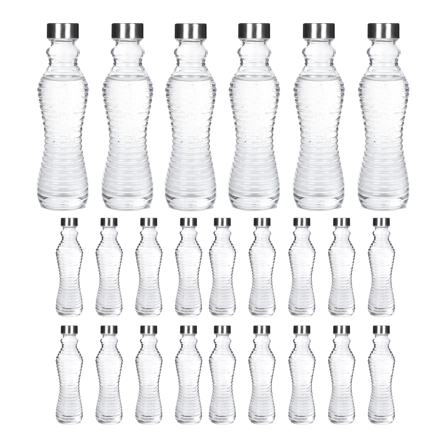 Botella de Cristal para Agua. Pack 6, 12 o 24 Botellas con Tapón de Acero. Botella Reutilizable, Grande, Transparente y Resistente. Apta para Nevera y Lavavajillas