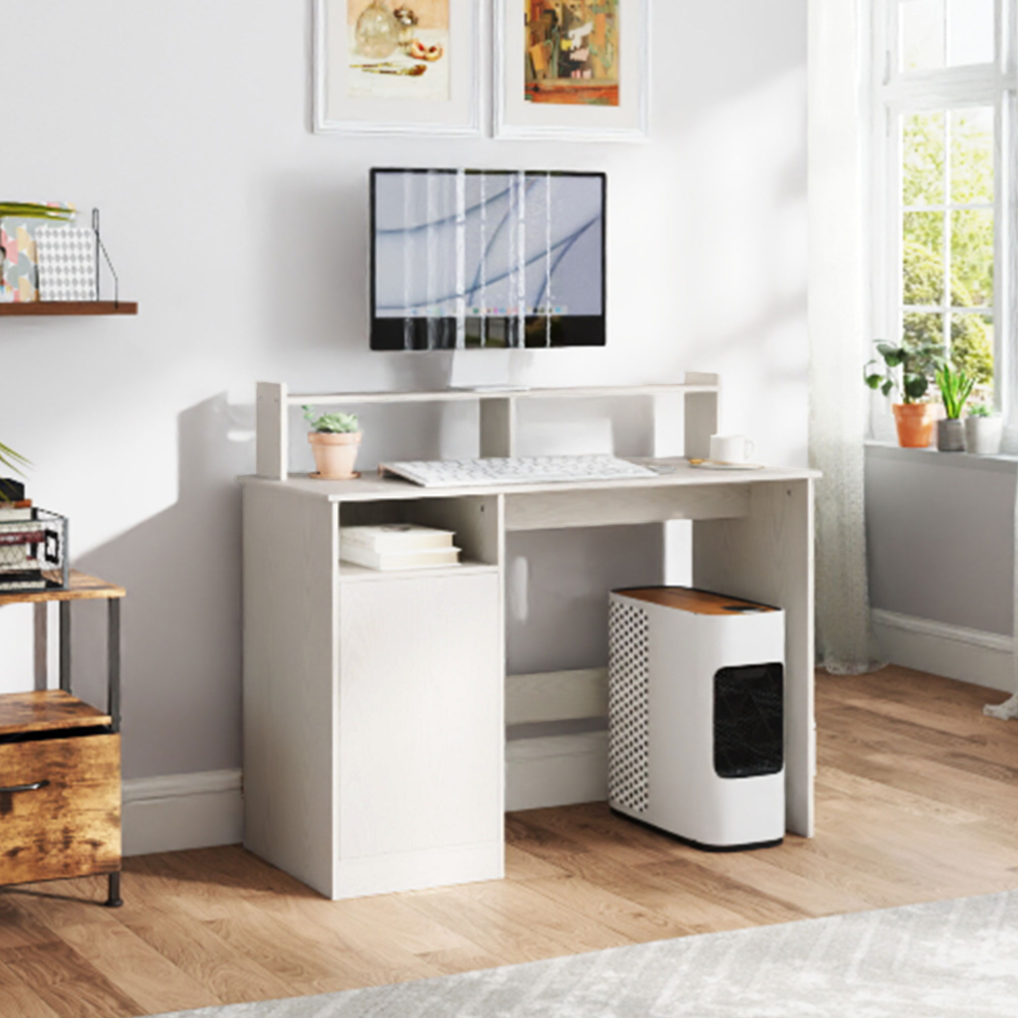 HOMCOM Escritorio con Estantería Moderno Escritorio con Puerta Compartimentos Abiertos y Soporte para Monitor Mesa para Estudio Dormitorio Hogar Oficina 108x50x94 cm