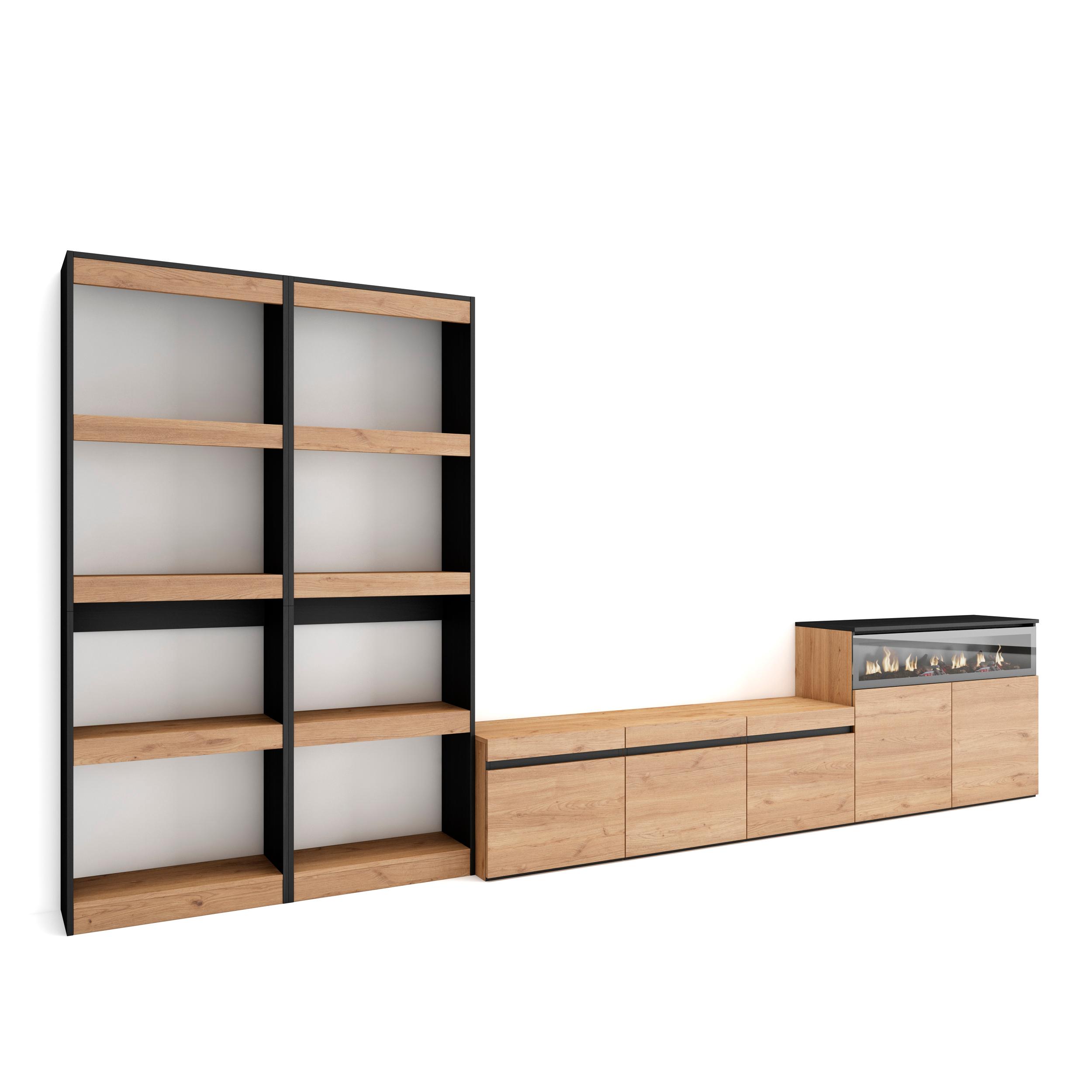 Skraut Home, Conjunto de Muebles de Salón, Estantería, Mueble TV con tres puertas, Aparador con dos puertas y Fuego Led Efecto 3d, 370x35x186cm
