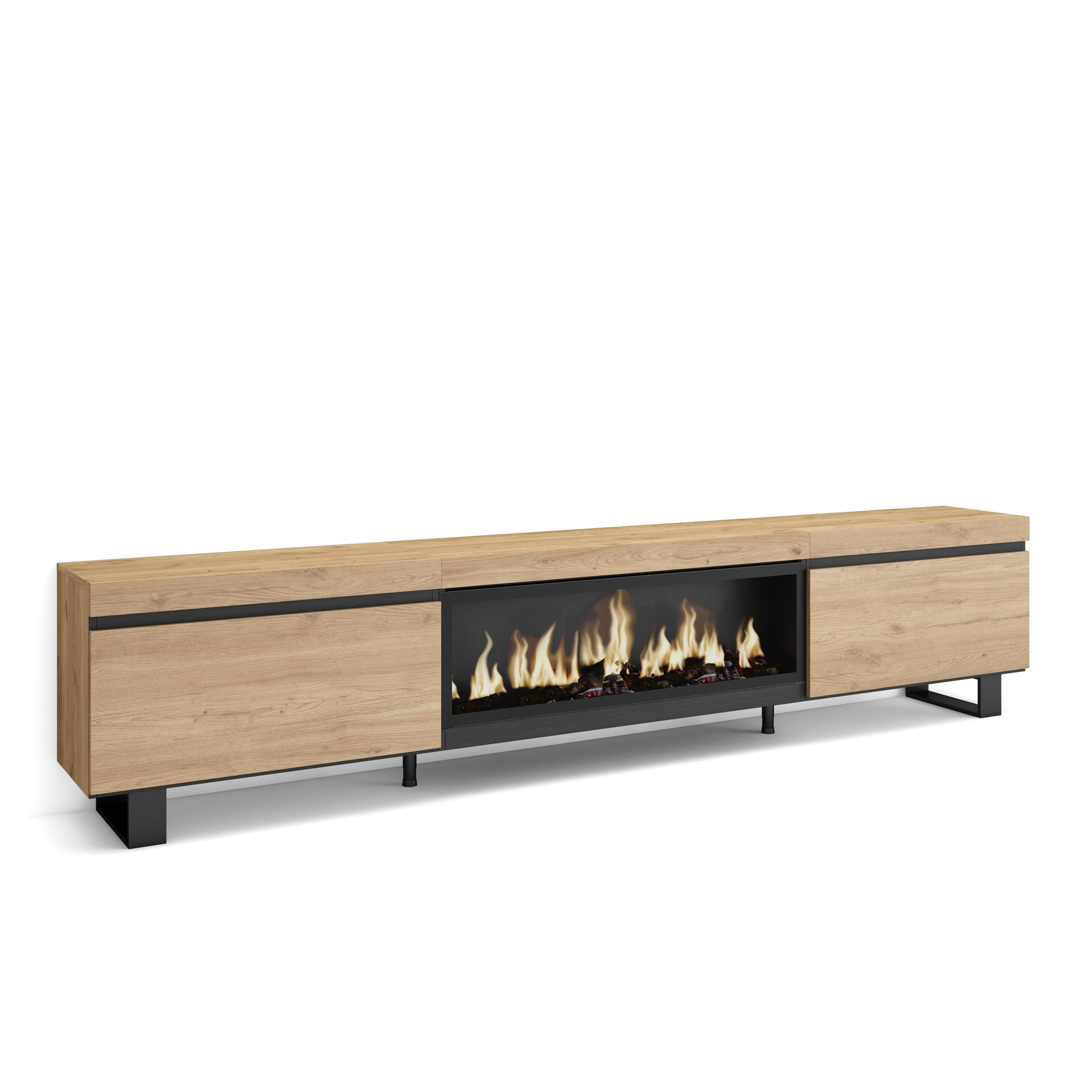 Skraut Home, Mueble TV, Televisión, Muebles de salón, almacenaje adicional, 267x35x57cm, Chimenea eléctrica XXL led efecto fuego 3d