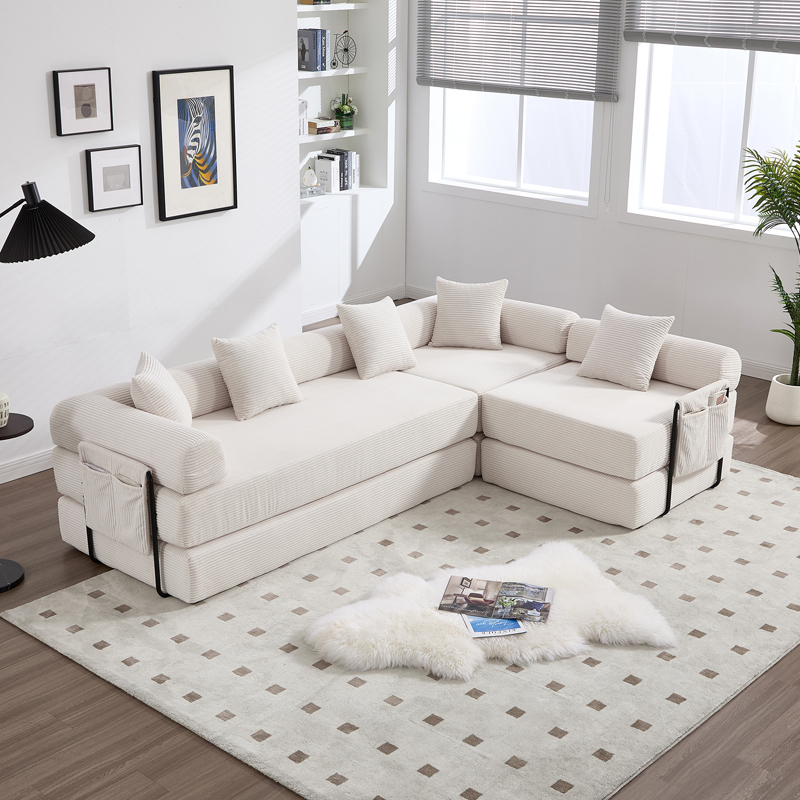 Canapé familial beige modulable en velours côtelé avec fonction couchage