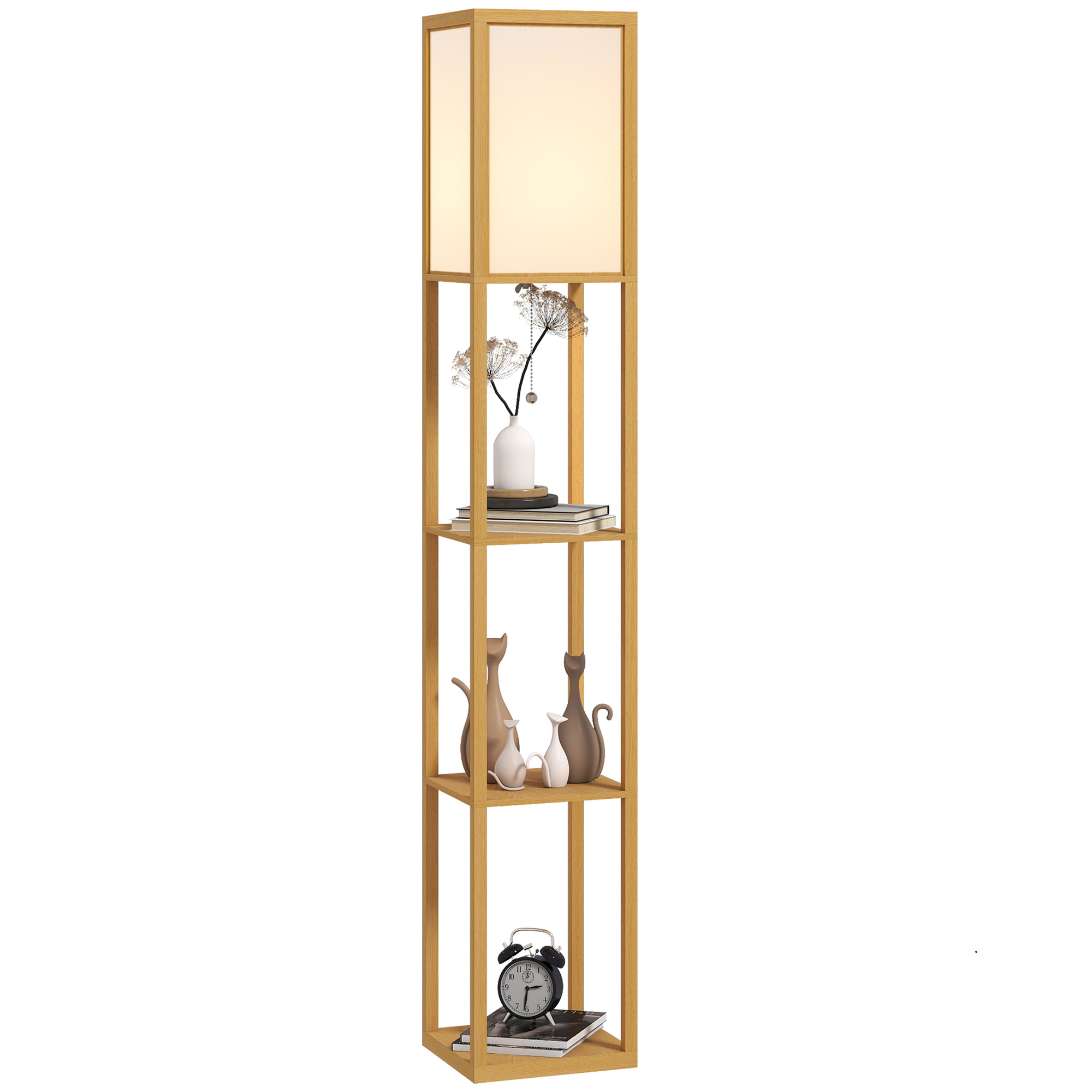 HOMCOM Lámpara de Pie con Estantes de Almacenaje, Lámpara de Madera Moderna, Bombilla E27, para Salón, Dormitorio, Oficina, Natural