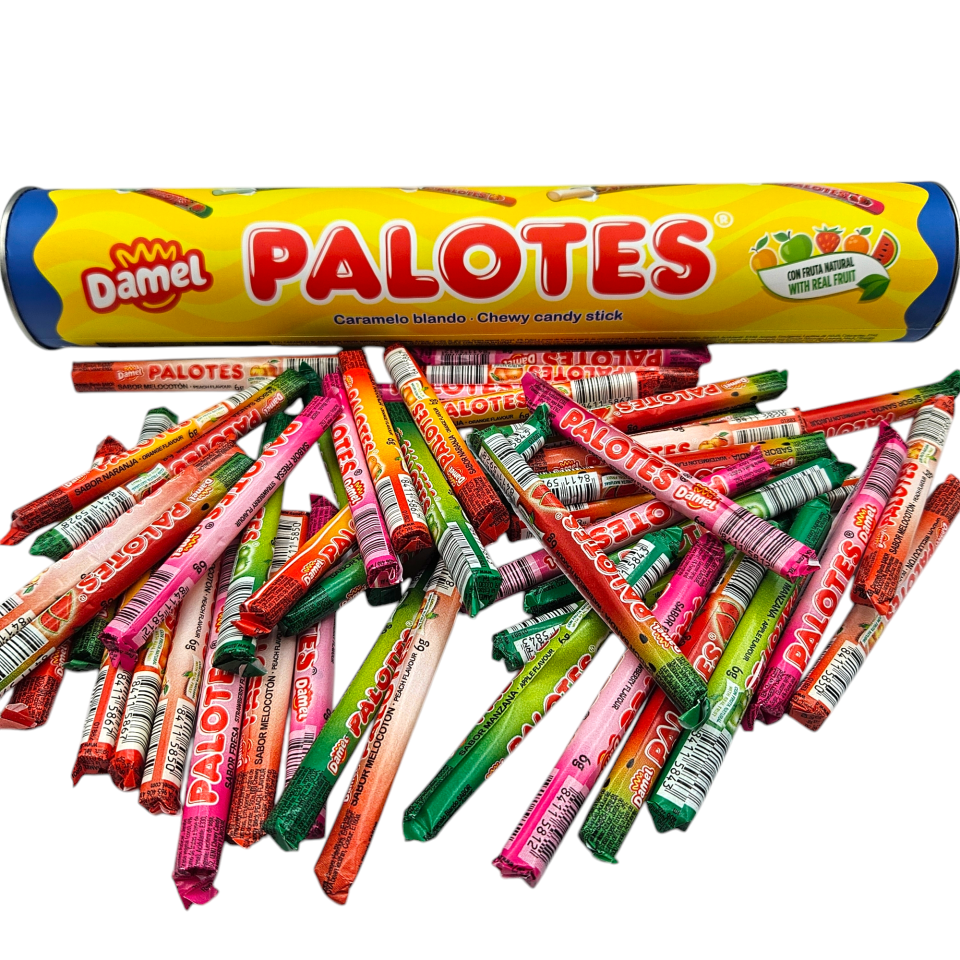 Palotes Tubo Damel - 50 Palotes Surtidos - 5 Sabores de Palotes con Zumo Natural: Fresa - Sandia - Naranja - Manzana y Melocoton. Tubo Metalico de Palotes.