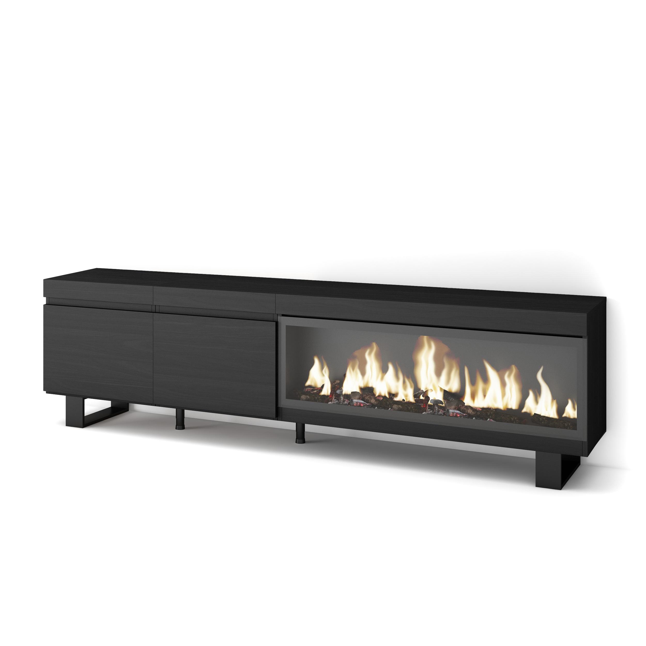 Skraut Home, Mueble Televisión, 208x35x57cm, Fuego Led XXL efecto 3D, Veteado de madera, Tacto poroso de alta calidad