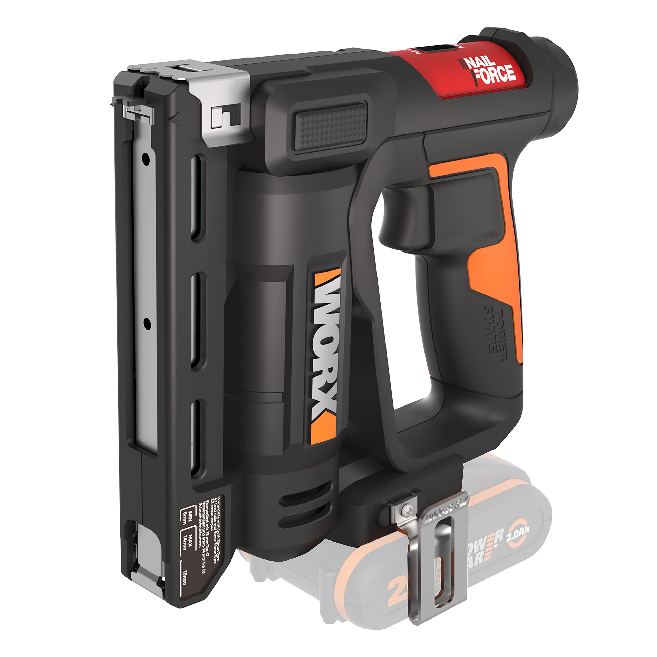 WORX WX843.9 Grapadora y Clavadora 2 en 1 a Batería 20V Sin Batería, Grapas 6-14mm y Clavos 15mm, 60 Disparos por Minuto, Ajuste de Profundidad