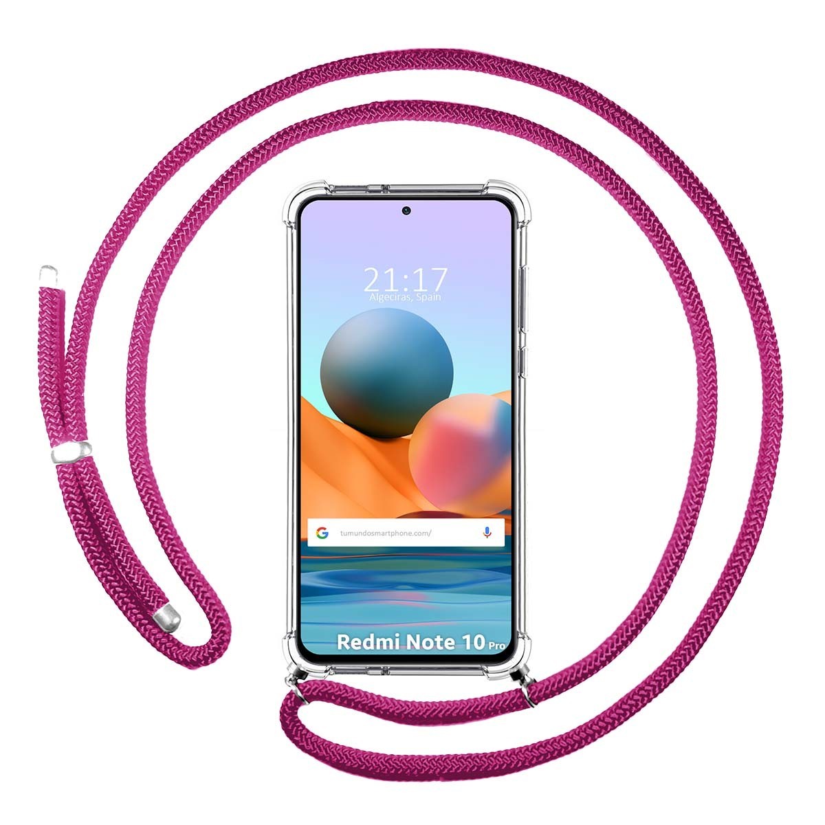 Tumundosmartphone Funda Colgante Transparente para Xiaomi Redmi Note 10 Pro con Cordon Rosa Fucsia