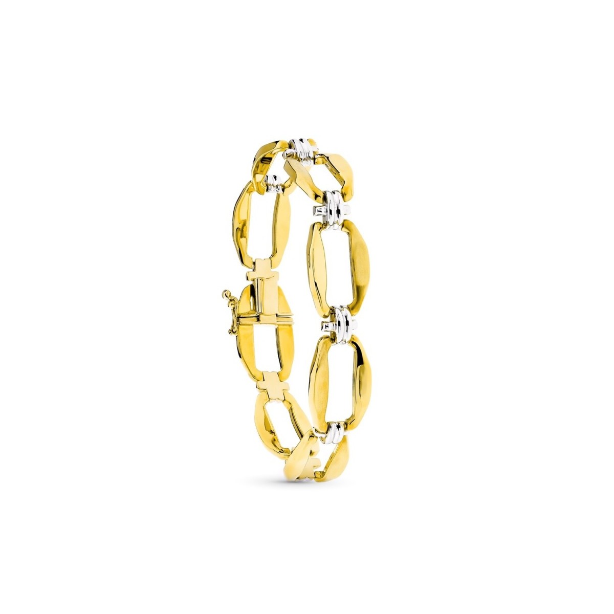 Pulsera oro bicolor 18k mujer eslabones rectangulares calados combinados cruces