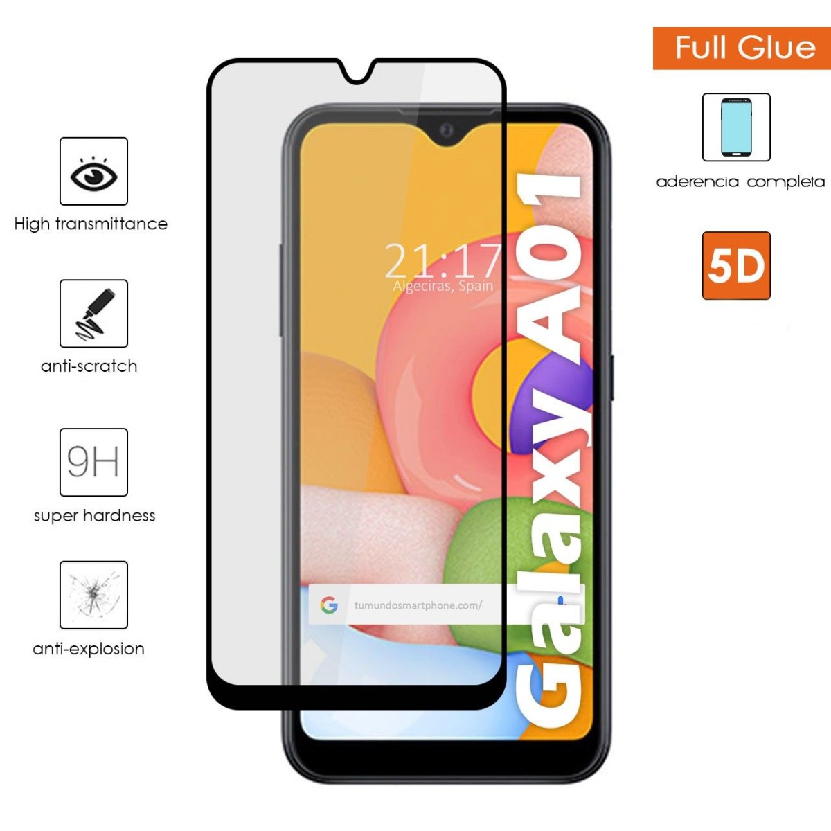 Tumundosmartphone Protector Cristal Templado Completo 5D Full Glue Negro para Samsung Galaxy A01