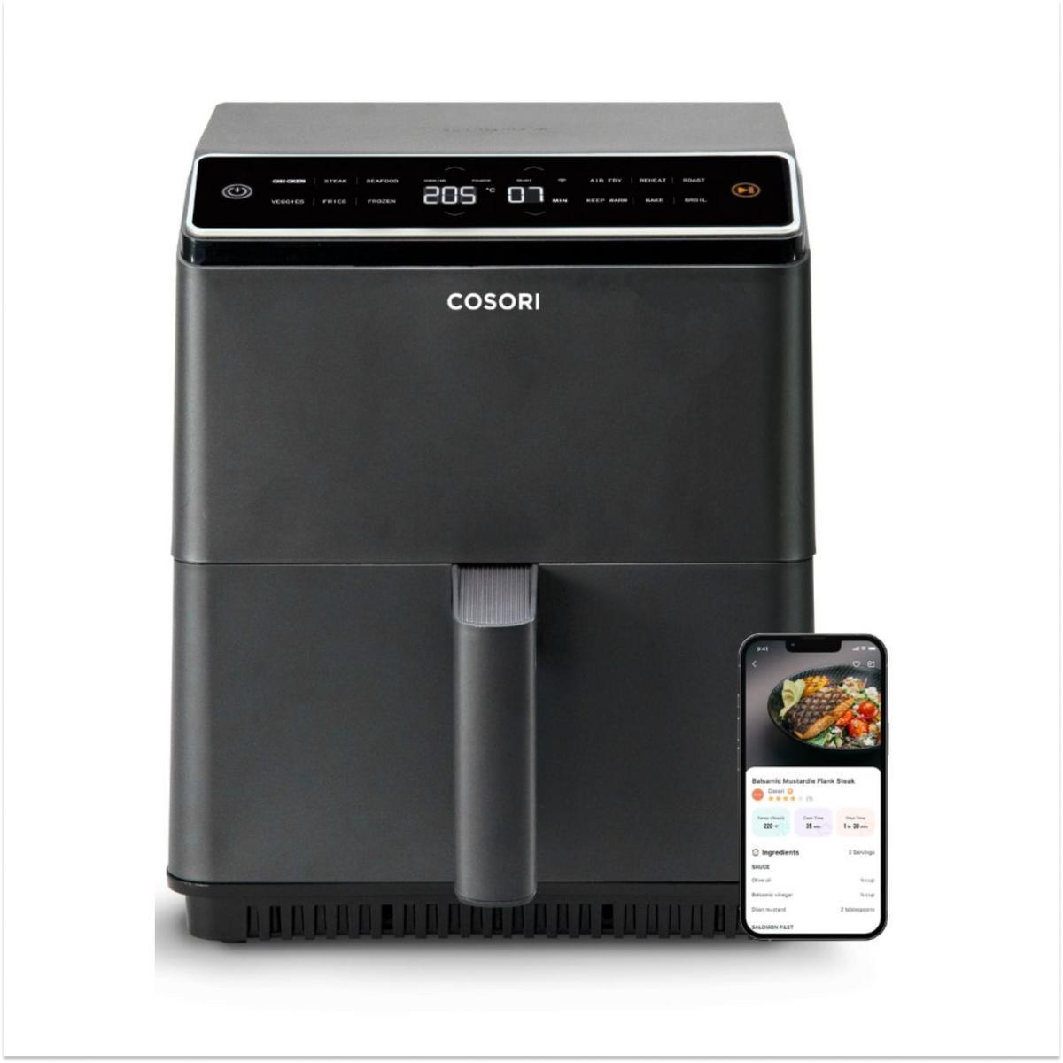 Cosori Freidora de Aire Dual Blaze Chef Edition 6,4L Negra, Doble Resistencia, 360 ThermoIQ, 205°C, 12 Programas, Pantalla Táctil