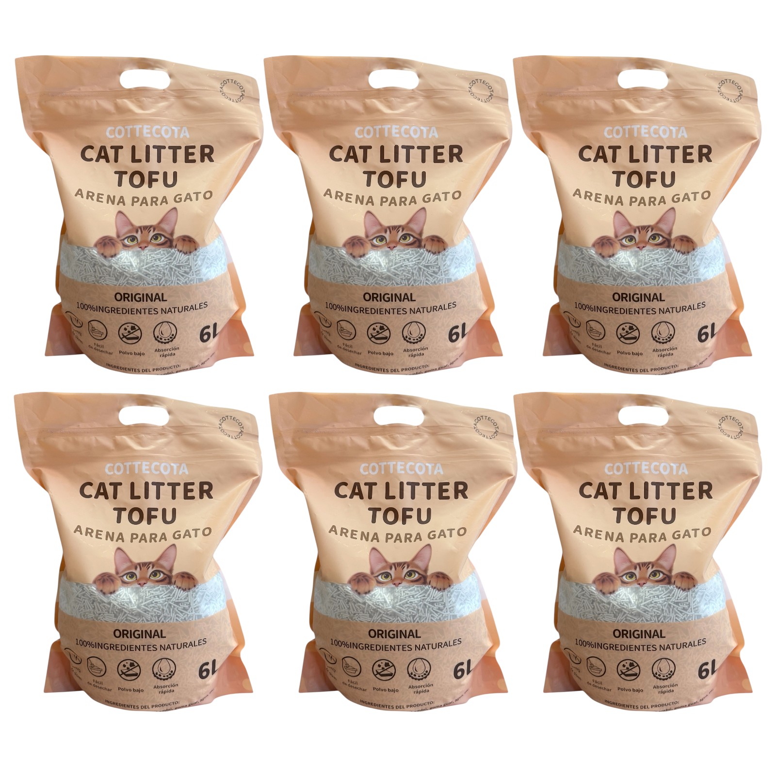 COTTECOTA - Pack 6 Arena Tofu para Gatos 6 L  Vainilla Lavanda Café Tofu ecológico Vegetal, Lecho natural para Gatos Libre de Polvo Arena Natural Aglomerante ,Arena para mascota vegetal absorvente , Arena de tofu para gatos antiolor y absorvente