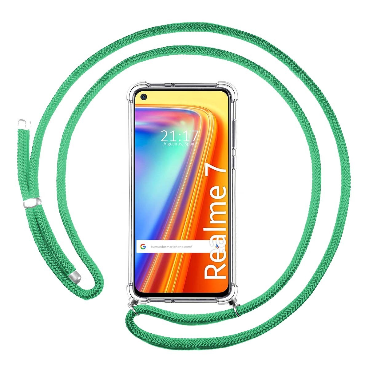 Tumundosmartphone Funda Colgante Transparente para Realme 7 con Cordon Verde Agua