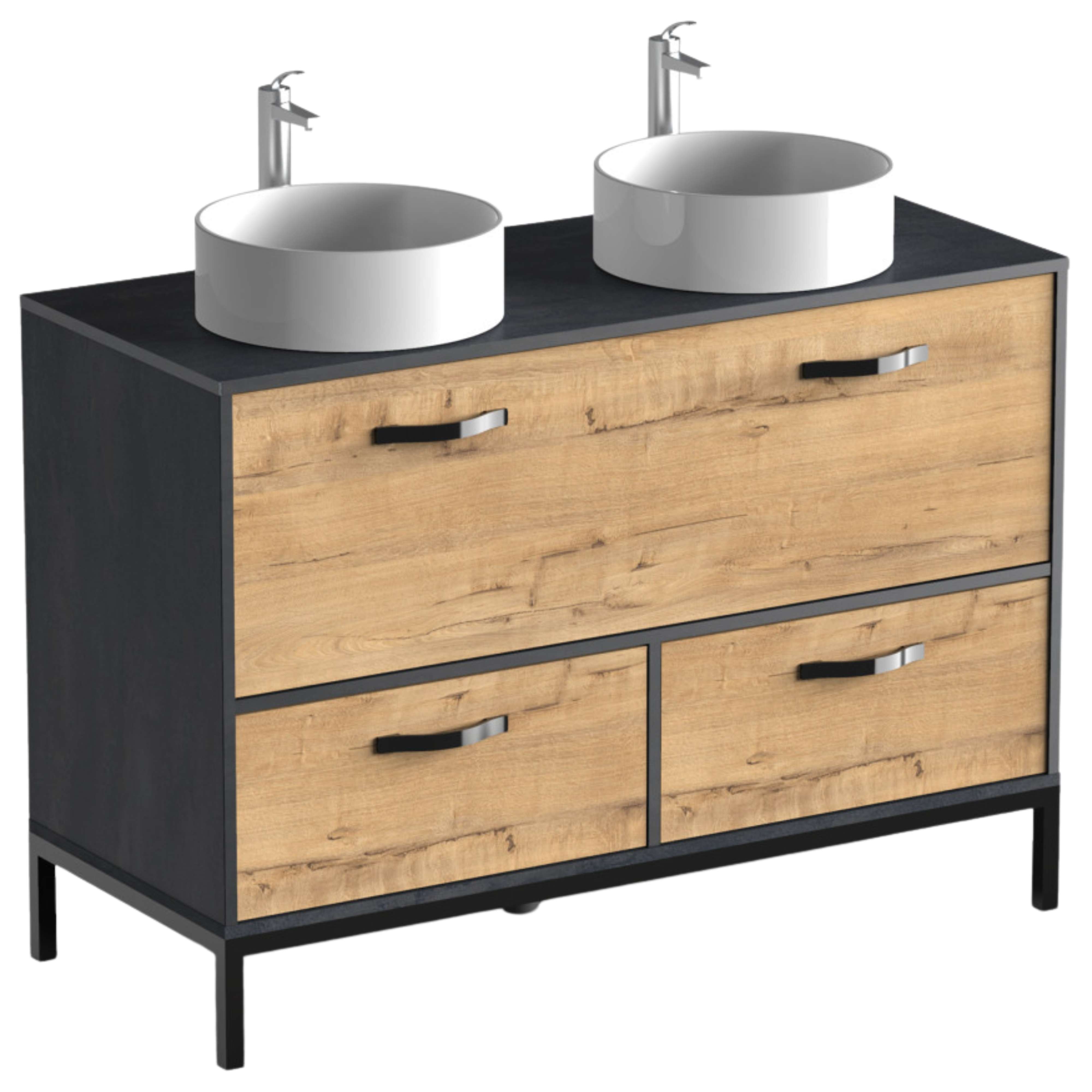 Miroytengo Mueble de Baño Doble Sena Estilo Industrial en Color Roble Gold y Negro con 2 Cajones, 1 Puerta y Patas 120x92x50 cm (Lavabo Opcional)