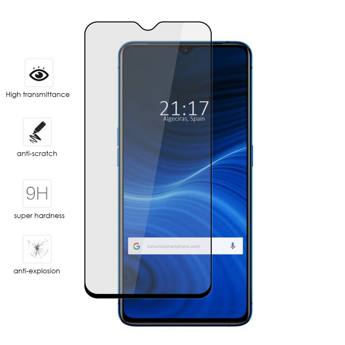 Tumundosmartphone Protector Cristal Templado Completo 5D Full Glue Negro para Realme X2 Pro Vidrio