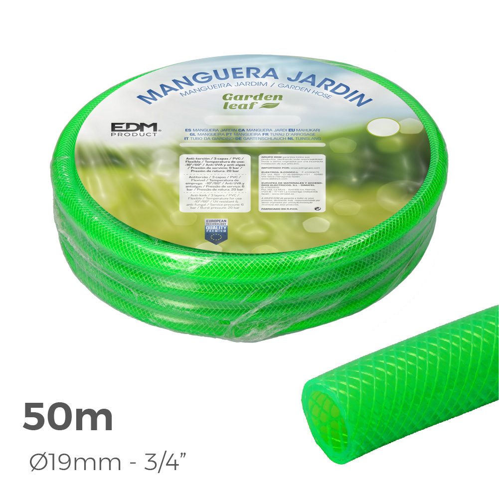 manguera de jardin anti-torsion ø interior 19mm ø exterior 25mm (3/4 ) - rollo 50m edm