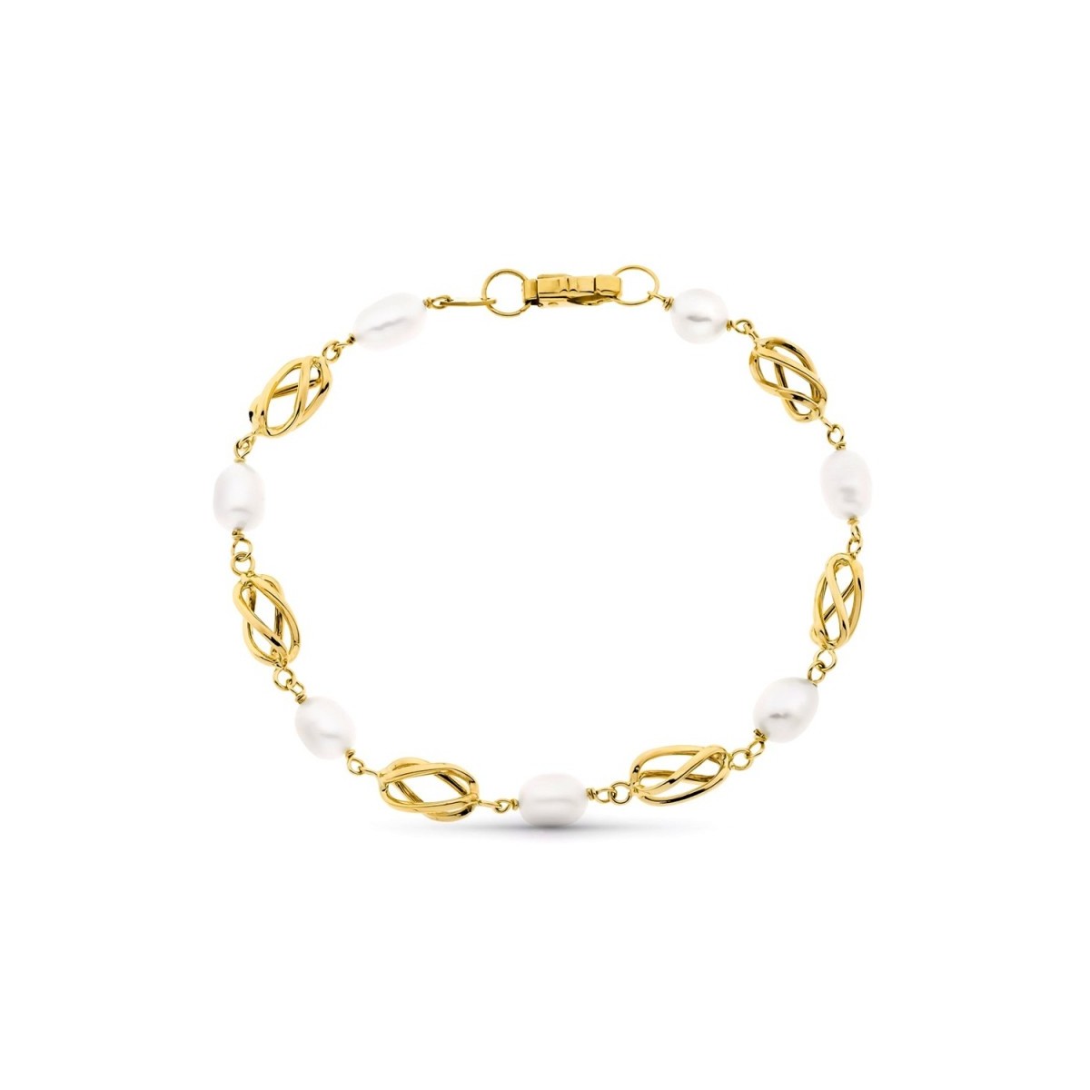 Pulsera oro 18k combinada perlas entrepiezas jaulas cierre mosquetón