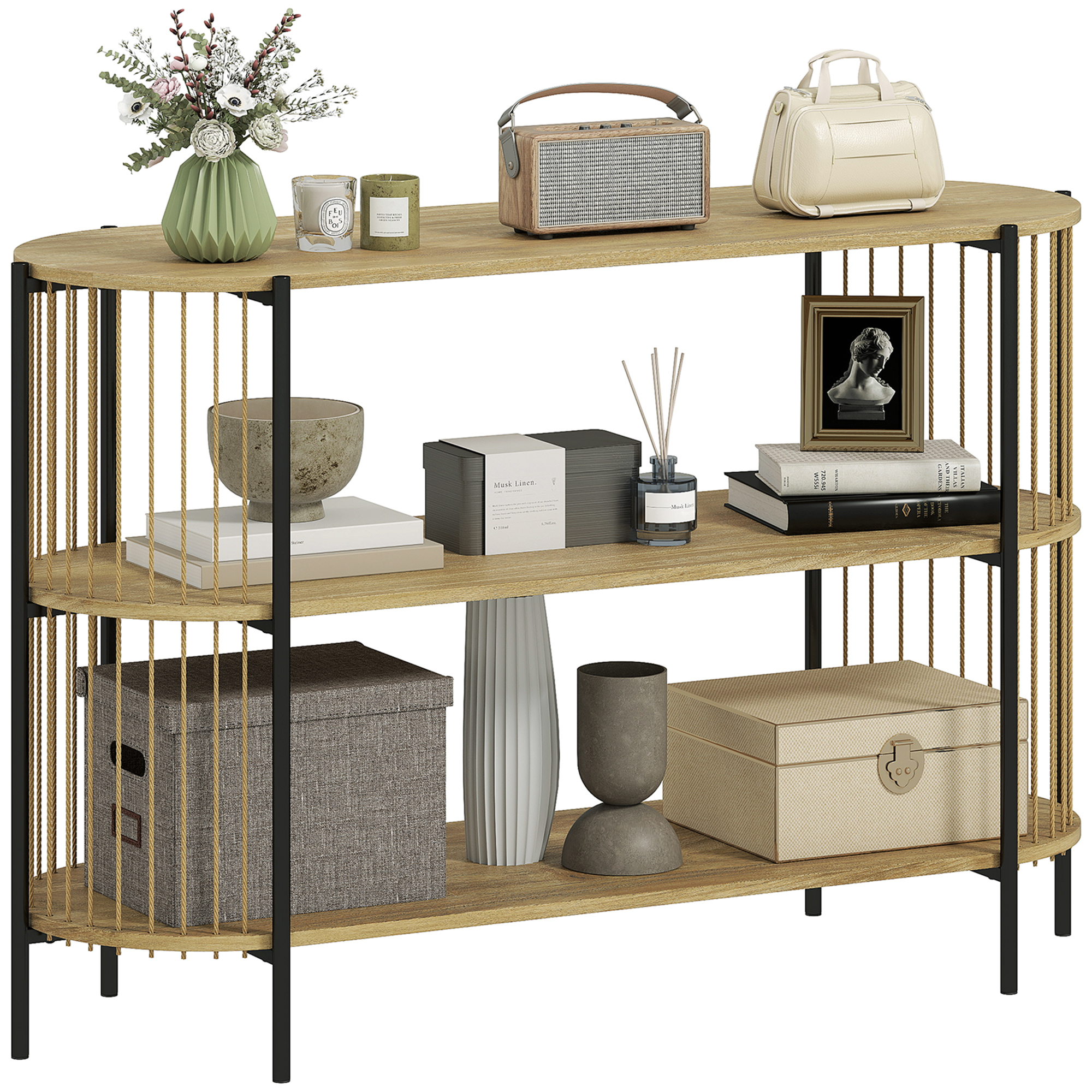 HOMCOM Mesa de Consola con Cuerda de Papel Trenzada a Mano Consola Recibidor de 3 Niveles con Marco de Acero Estilo Bohemio para Entrada Sala de Estar 124x43,5x80 cm Natural