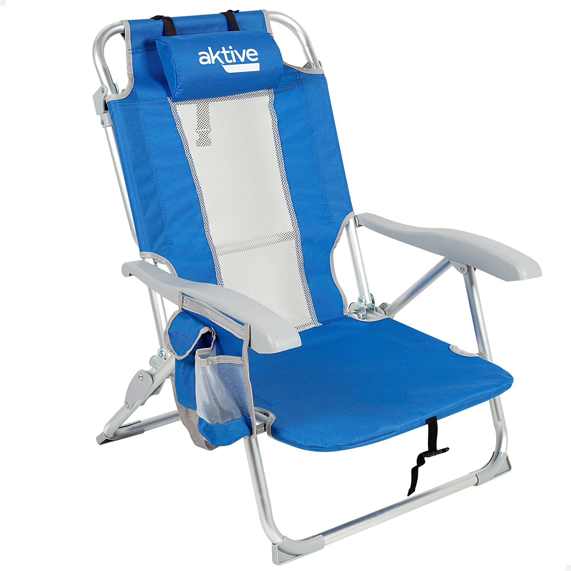 Aktive - Silla de playa plegable con respaldo reclinable 5 posiciones, 49x56x78 cm, fabricada de aluminio y textileno, con cojín, bolsillos laterales y topes antivuelco, máx. 110 kg, sillas de playa, sillas plegables, accesorios verano