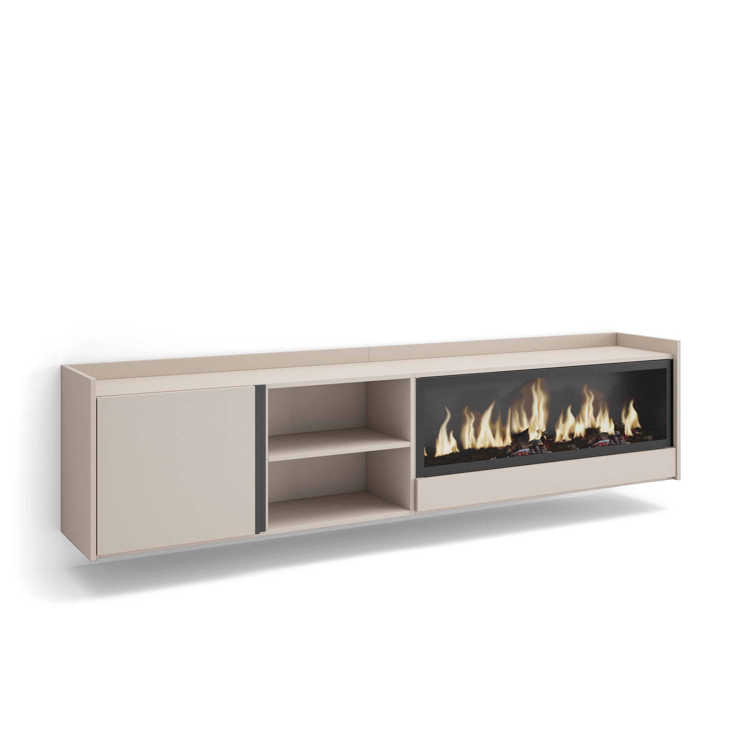 Mueble TV, Televisión, 212x35x50cm, Para TV hasta 80", Chimenea eléctrica XXL, Colgado, Suspendido