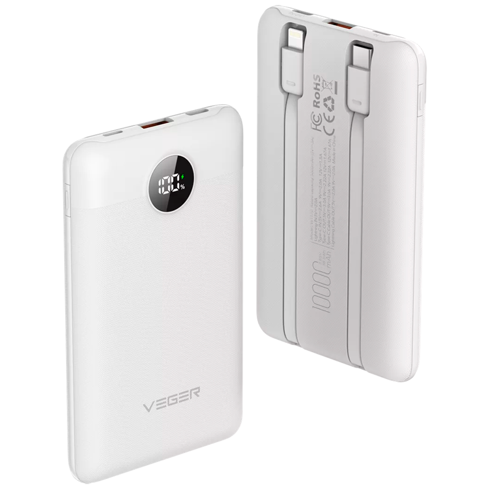 VEGER Power bank con pantalla LCD - Capacidad 10000mAh - Entradas Lightning, USB-C, Cable USB-C - Salidas USB-A, USB-C y cables integrados - Cables integrados: USB-C y Lightning - Carga rápida | 3 dispositivos a la vez