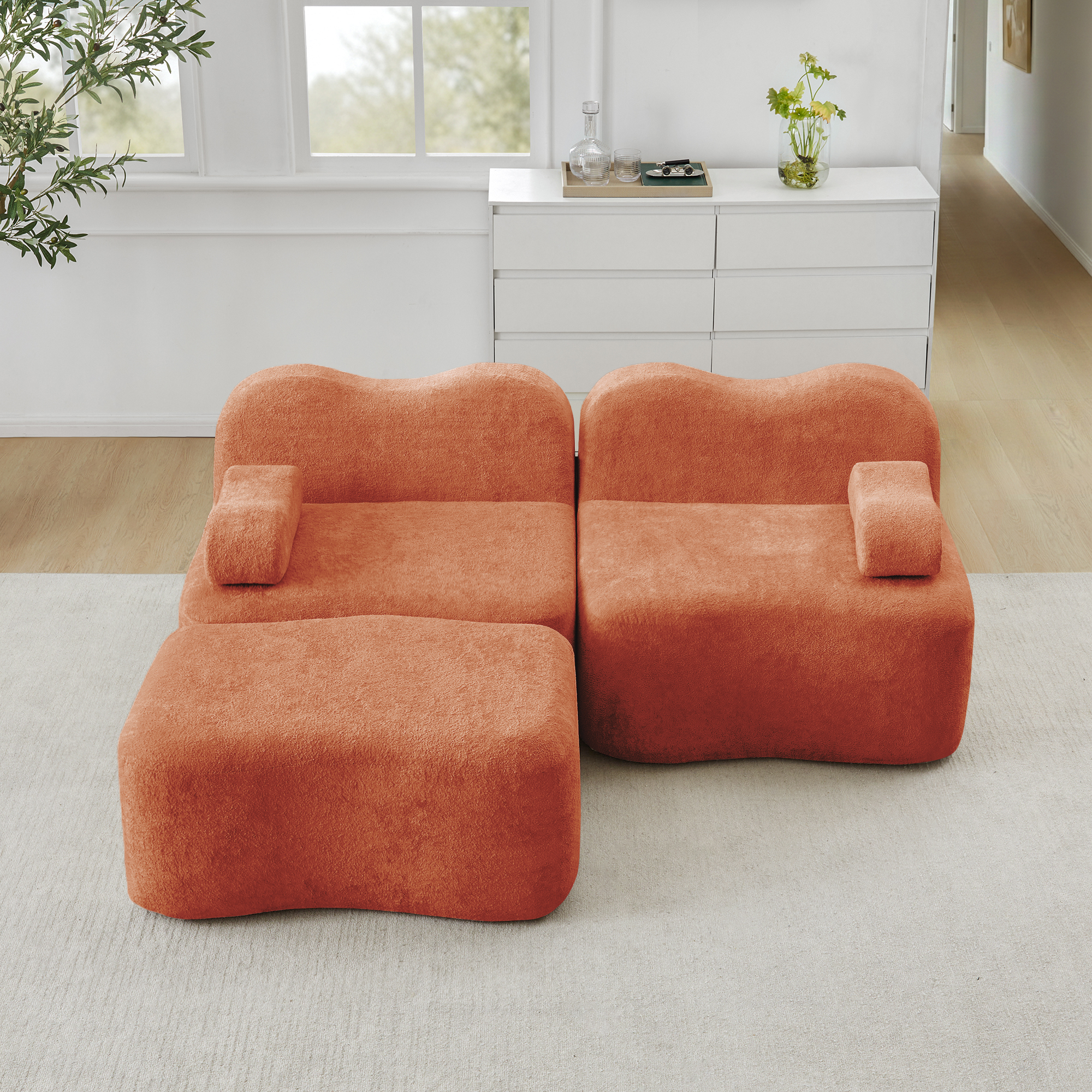 Canapé modulaire 2 places en L orange avec ottoman, assise profonde et forme ondulée